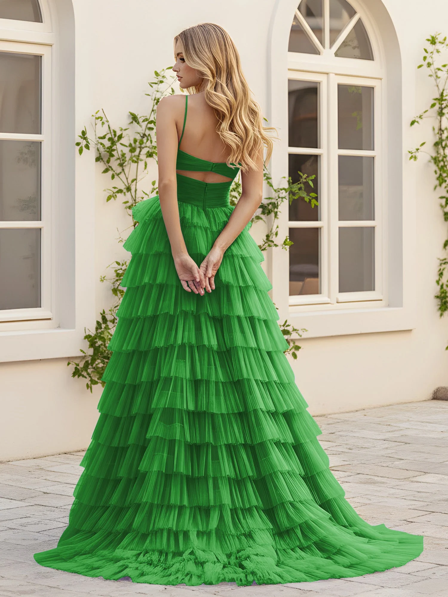 Herzform Ausschnitt Stufen Schleppe Kleid mit Schlitz Grün - Image 2