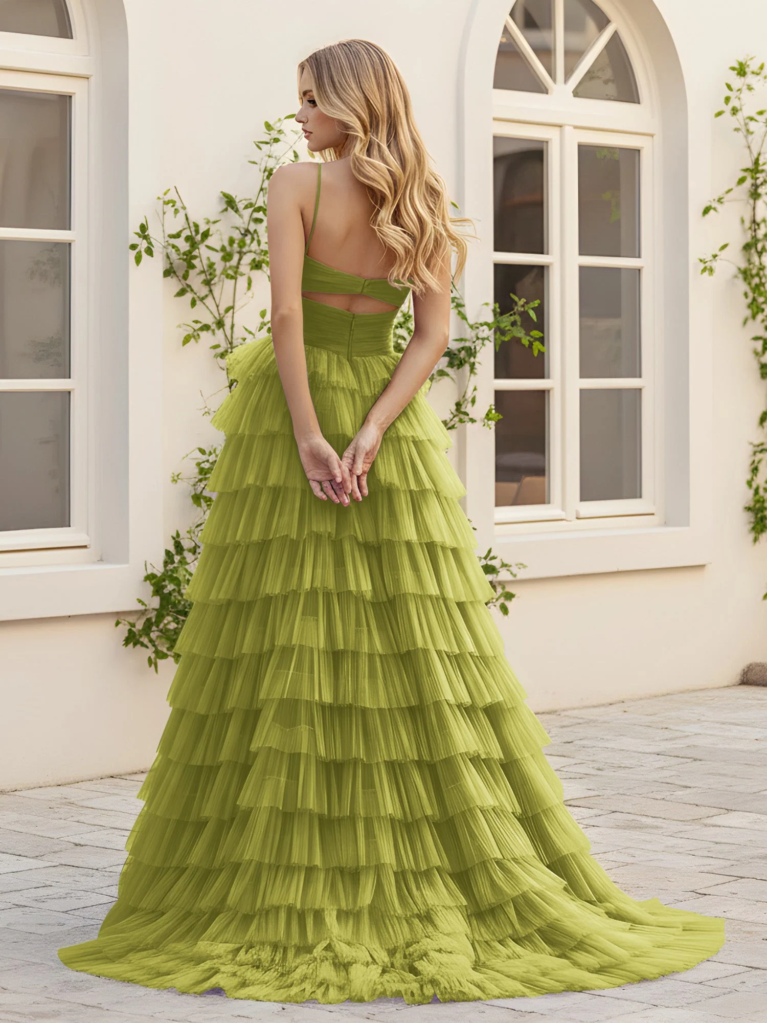 Herzform Ausschnitt Stufen Schleppe Kleid mit Schlitz Kleegrün - Image 2
