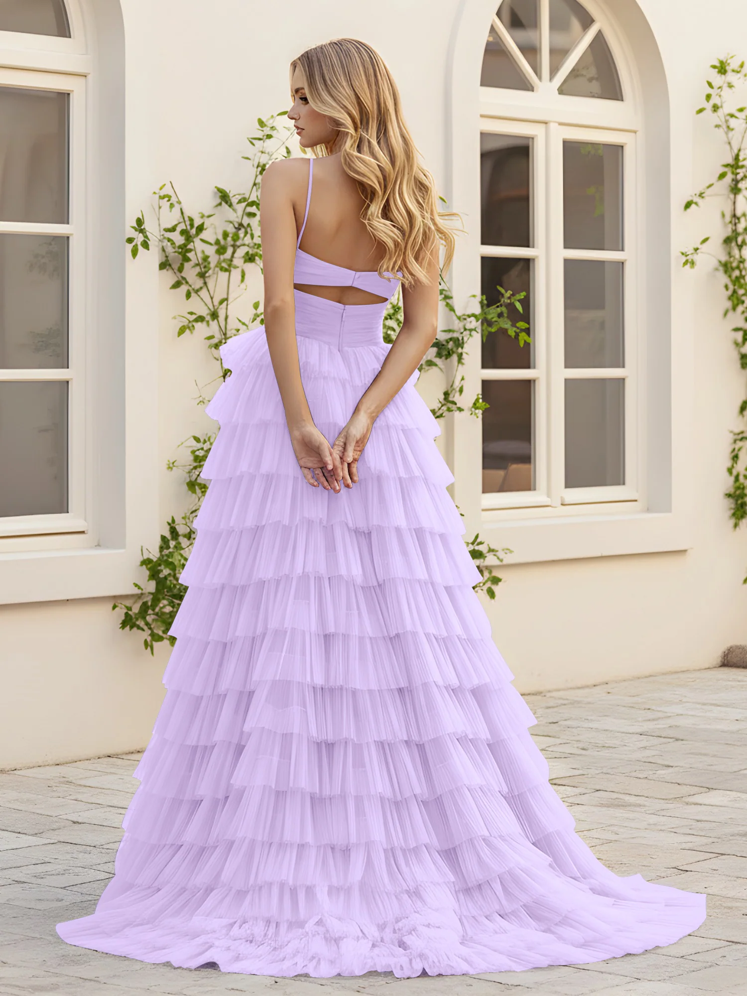 Herzform Ausschnitt Stufen Schleppe Kleid mit Schlitz Lila - Image 2