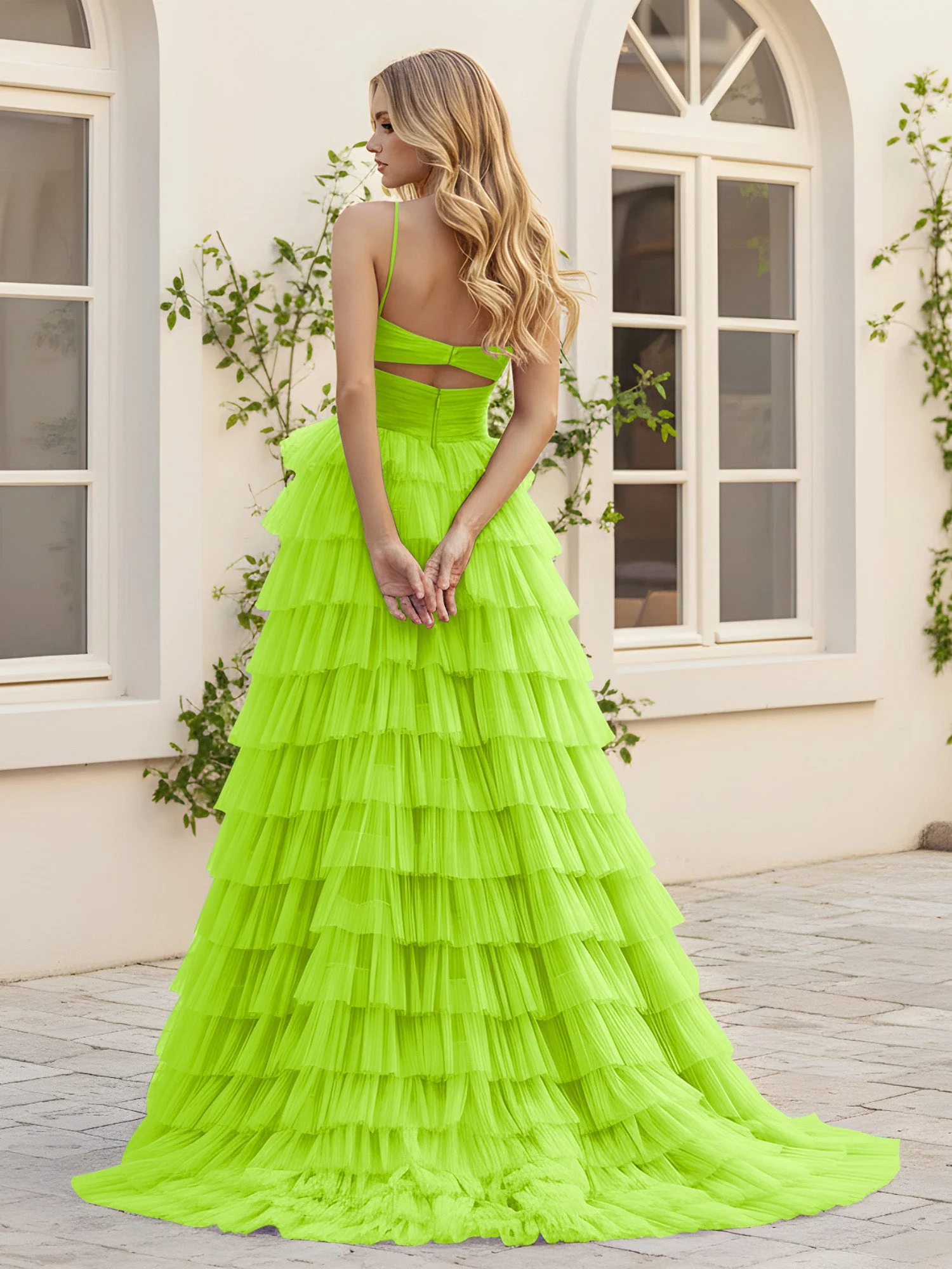 Herzform Ausschnitt Stufen Schleppe Kleid mit Schlitz Lindgrün - Image 2