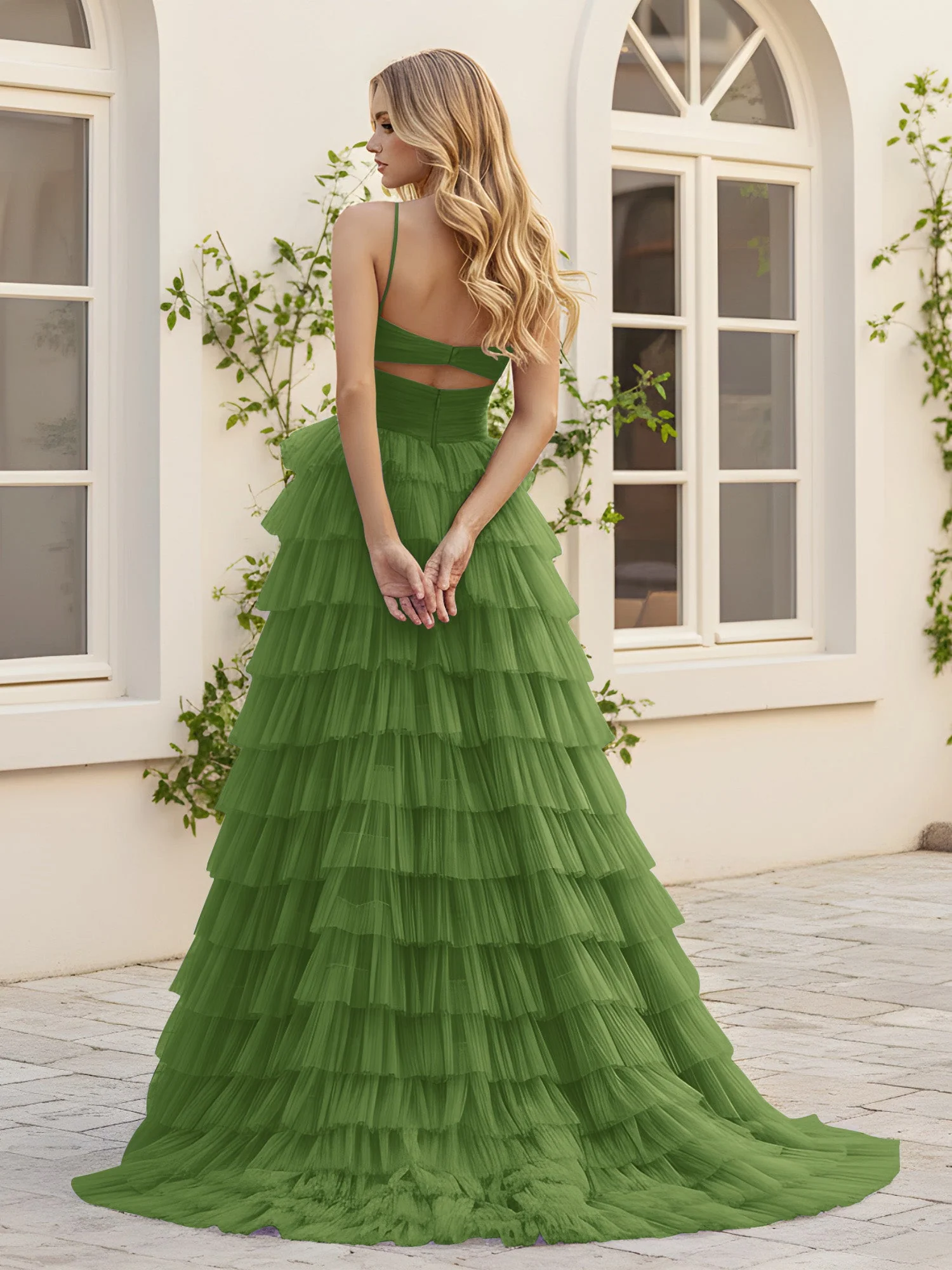 Herzform Ausschnitt Stufen Schleppe Kleid mit Schlitz Moos - Image 2