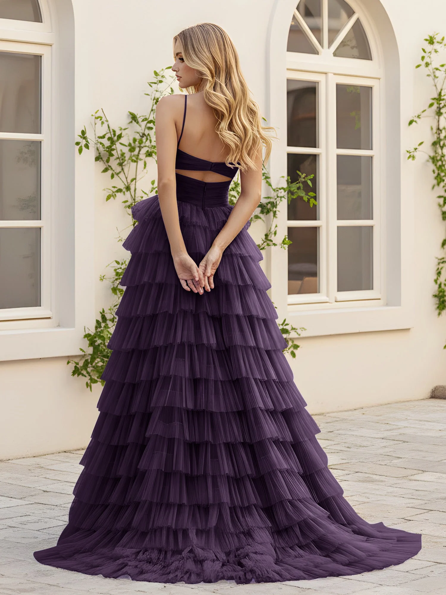 Herzform Ausschnitt Stufen Schleppe Kleid mit Schlitz Plum - Image 2