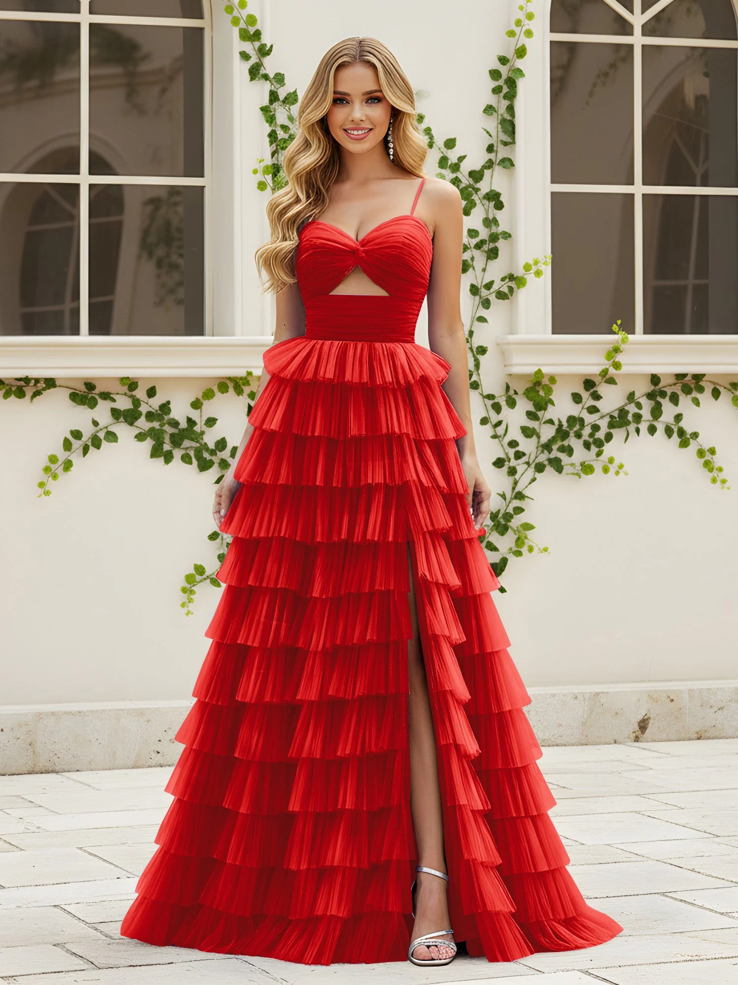 Herzform Ausschnitt Stufen Schleppe Kleid mit Schlitz Rot