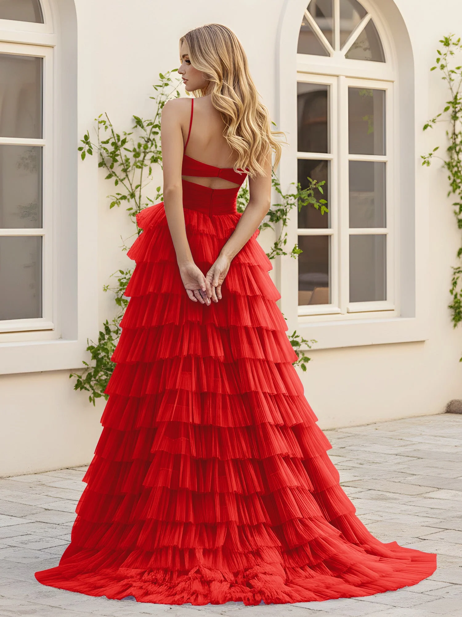Herzform Ausschnitt Stufen Schleppe Kleid mit Schlitz Rot - Image 2