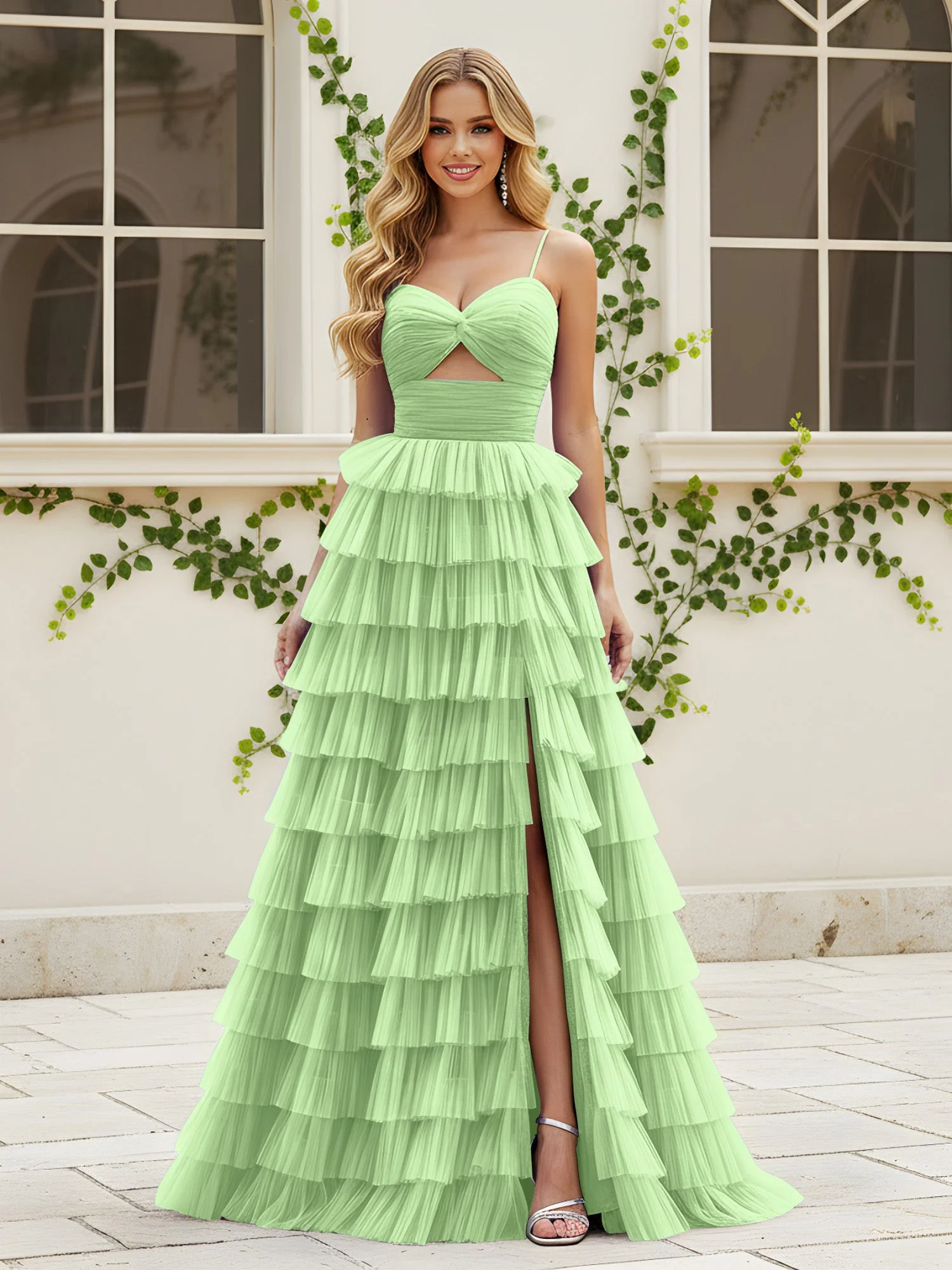 Herzform Ausschnitt Stufen Schleppe Kleid mit Schlitz Salbei