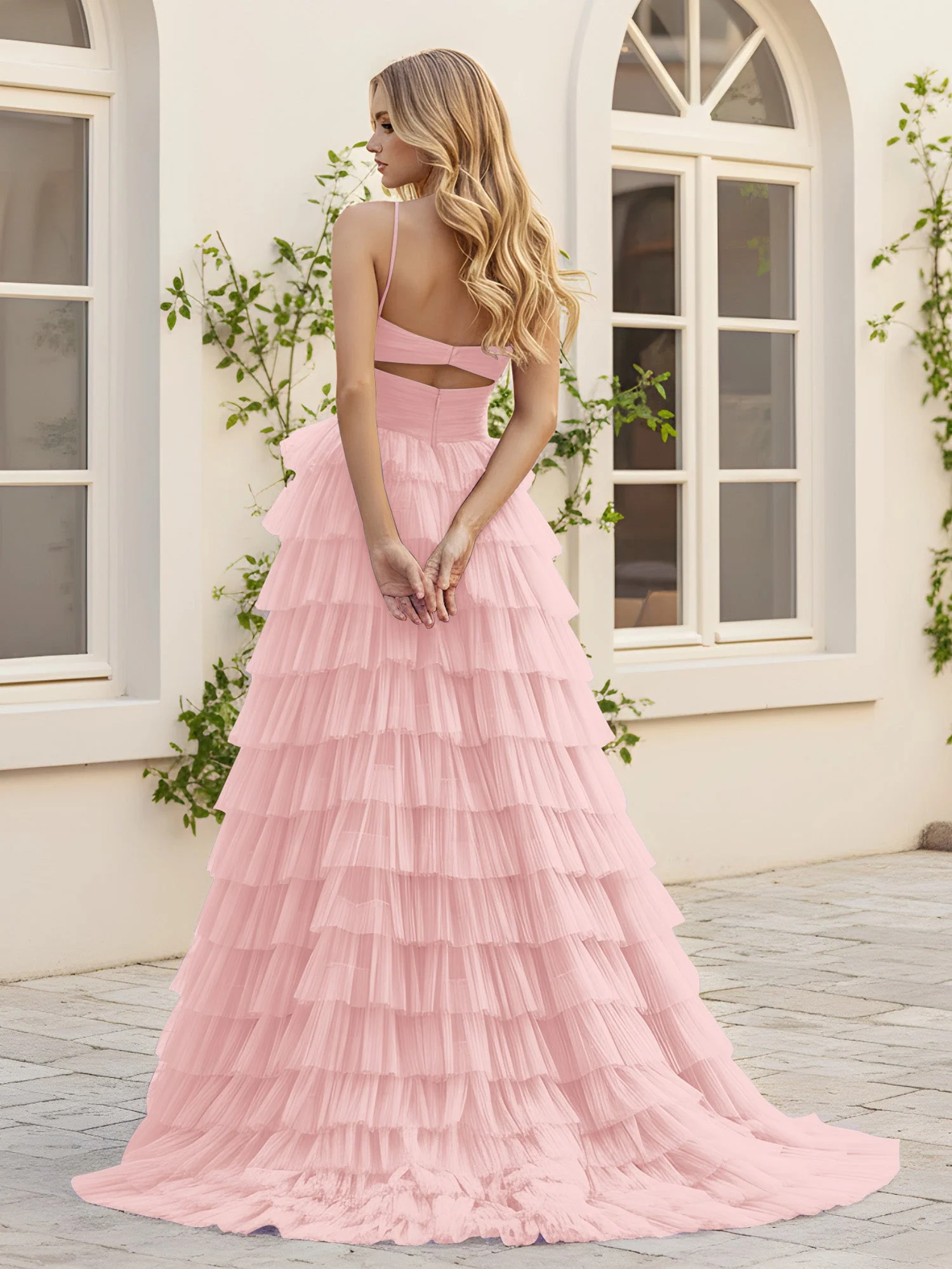 Herzform Ausschnitt Stufen Schleppe Kleid mit Schlitz Staubige Rosa - Image 2