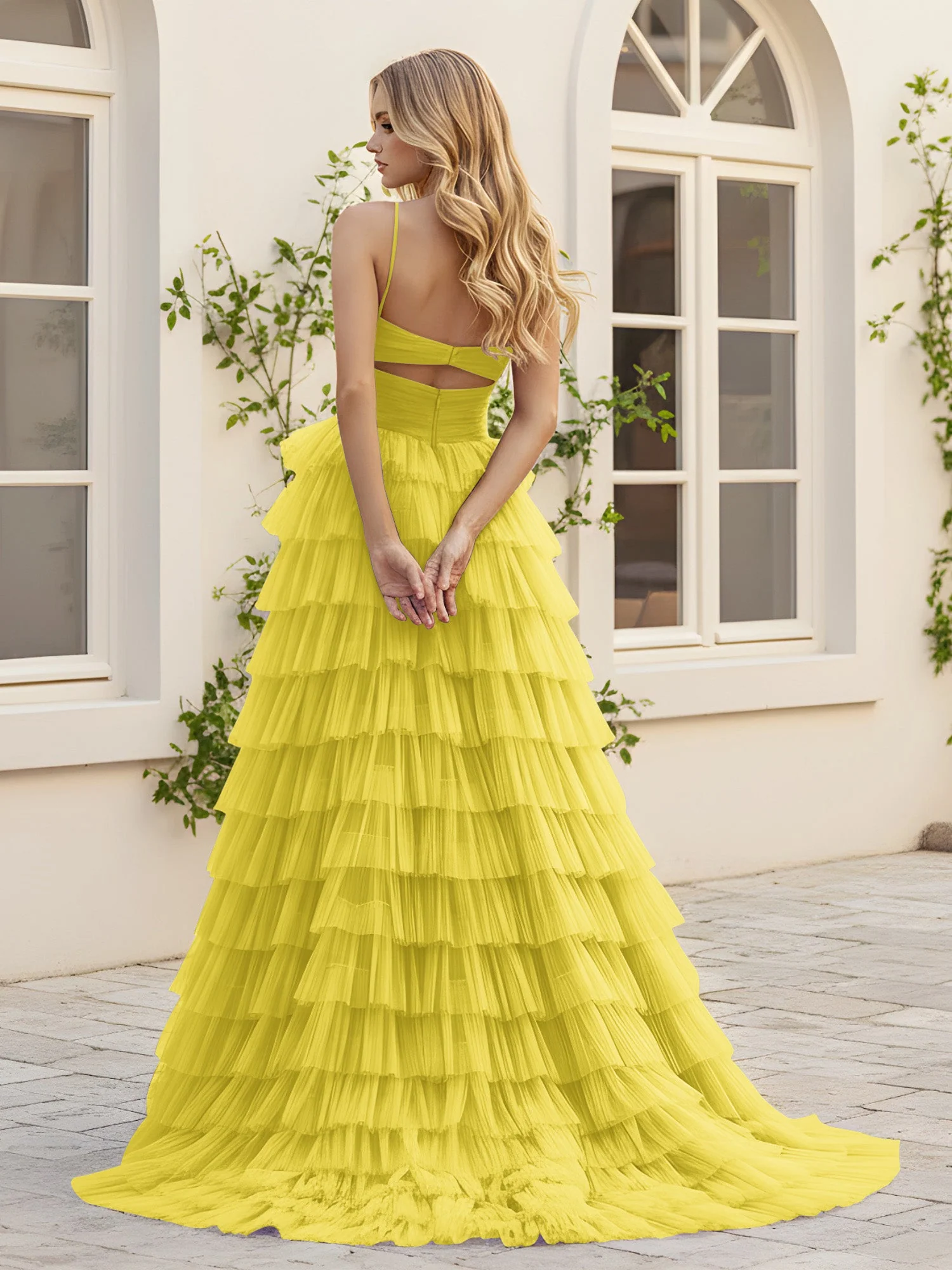 Herzform Ausschnitt Stufen Schleppe Kleid mit Schlitz Zitrone - Image 2