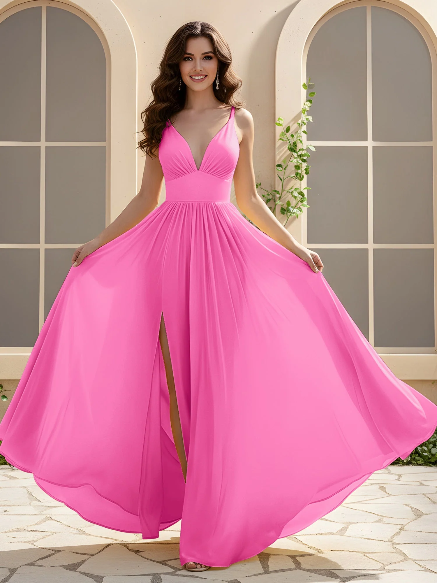 A-Linie Plissee V-Ausschnitt Lang Kleid mit Schlitz Azalee