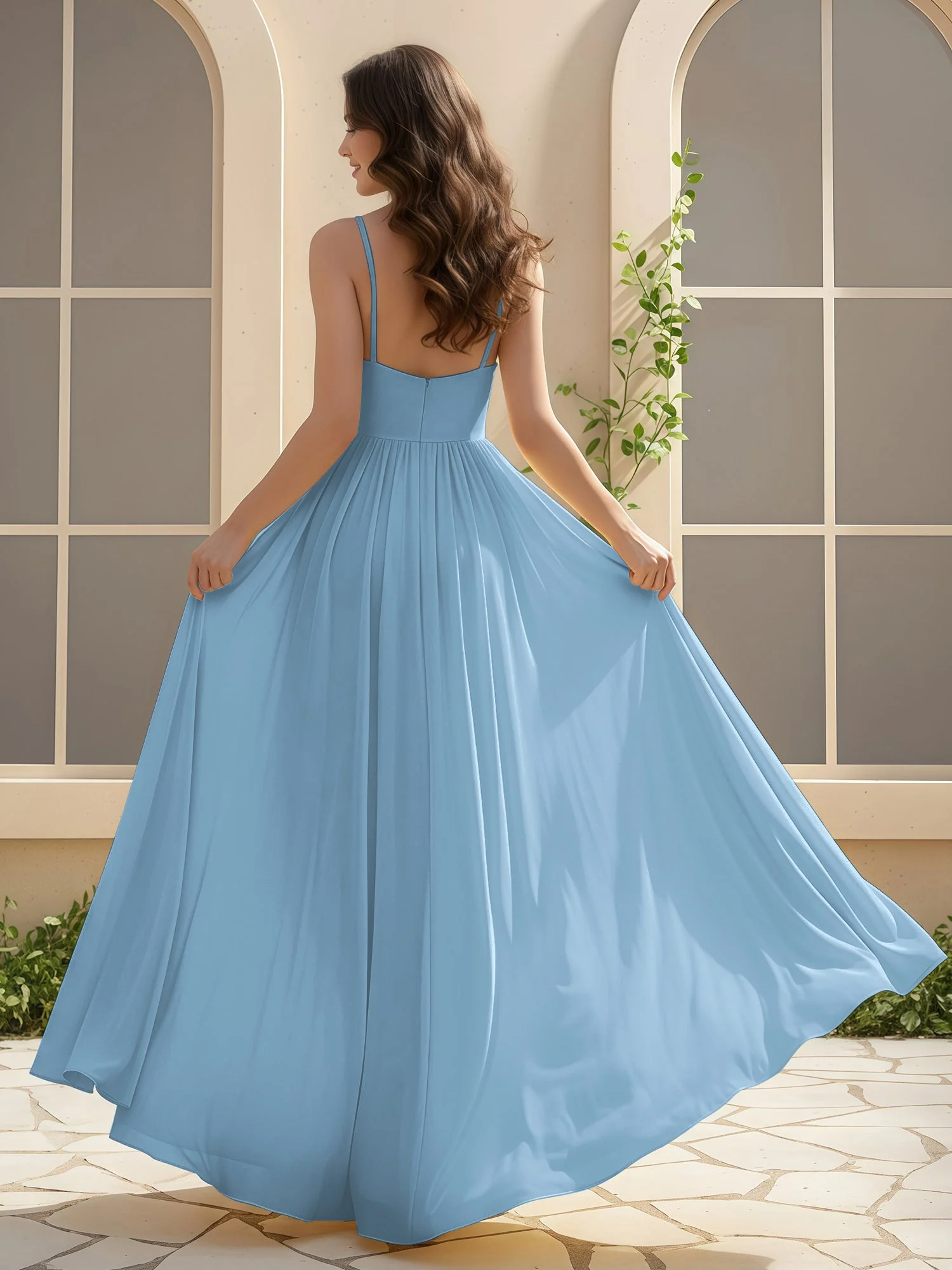 A-Linie Plissee V-Ausschnitt Lang Kleid mit Schlitz Blau - Image 2