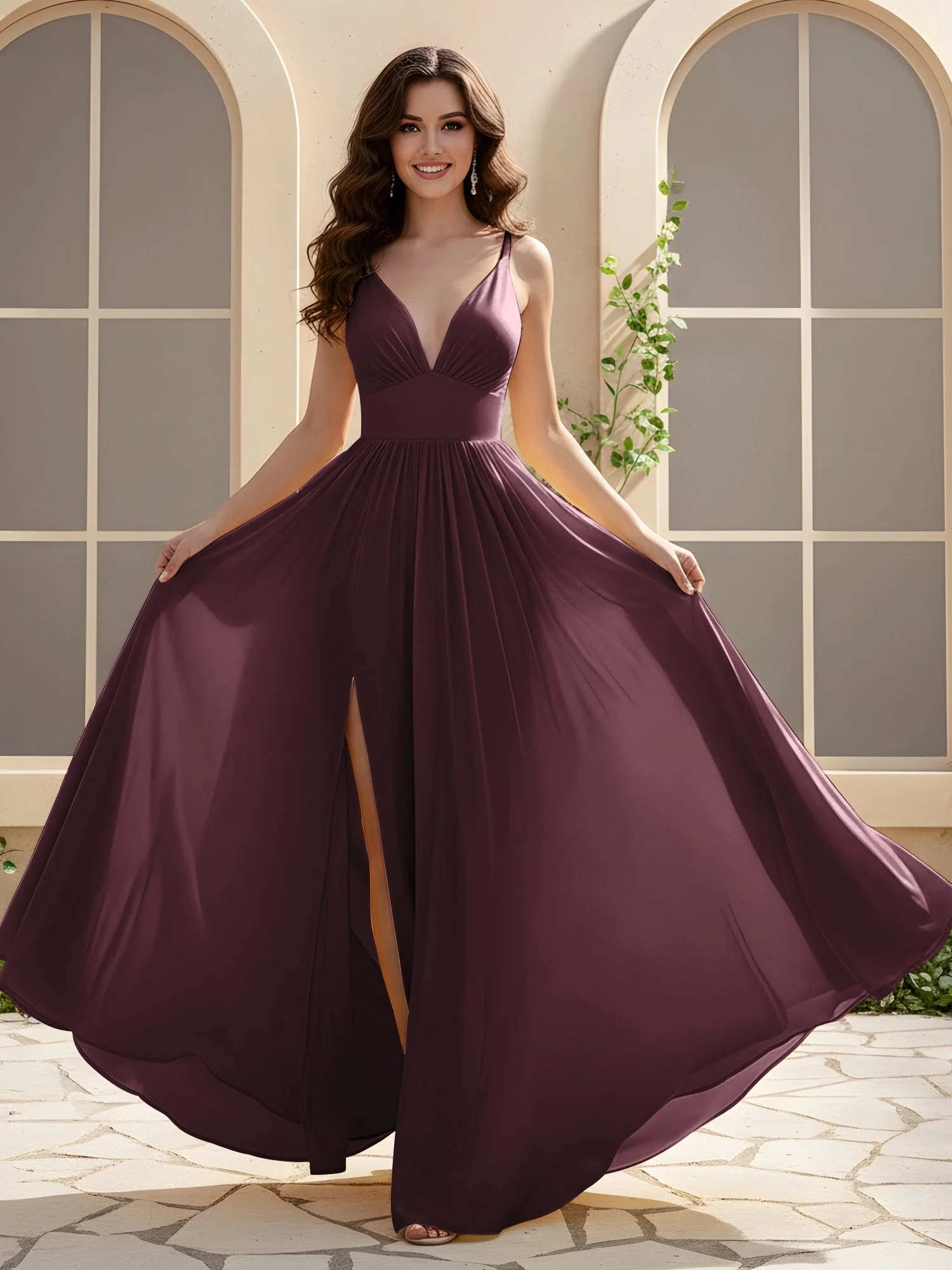 A-Linie Plissee V-Ausschnitt Lang Kleid mit Schlitz Cabernet