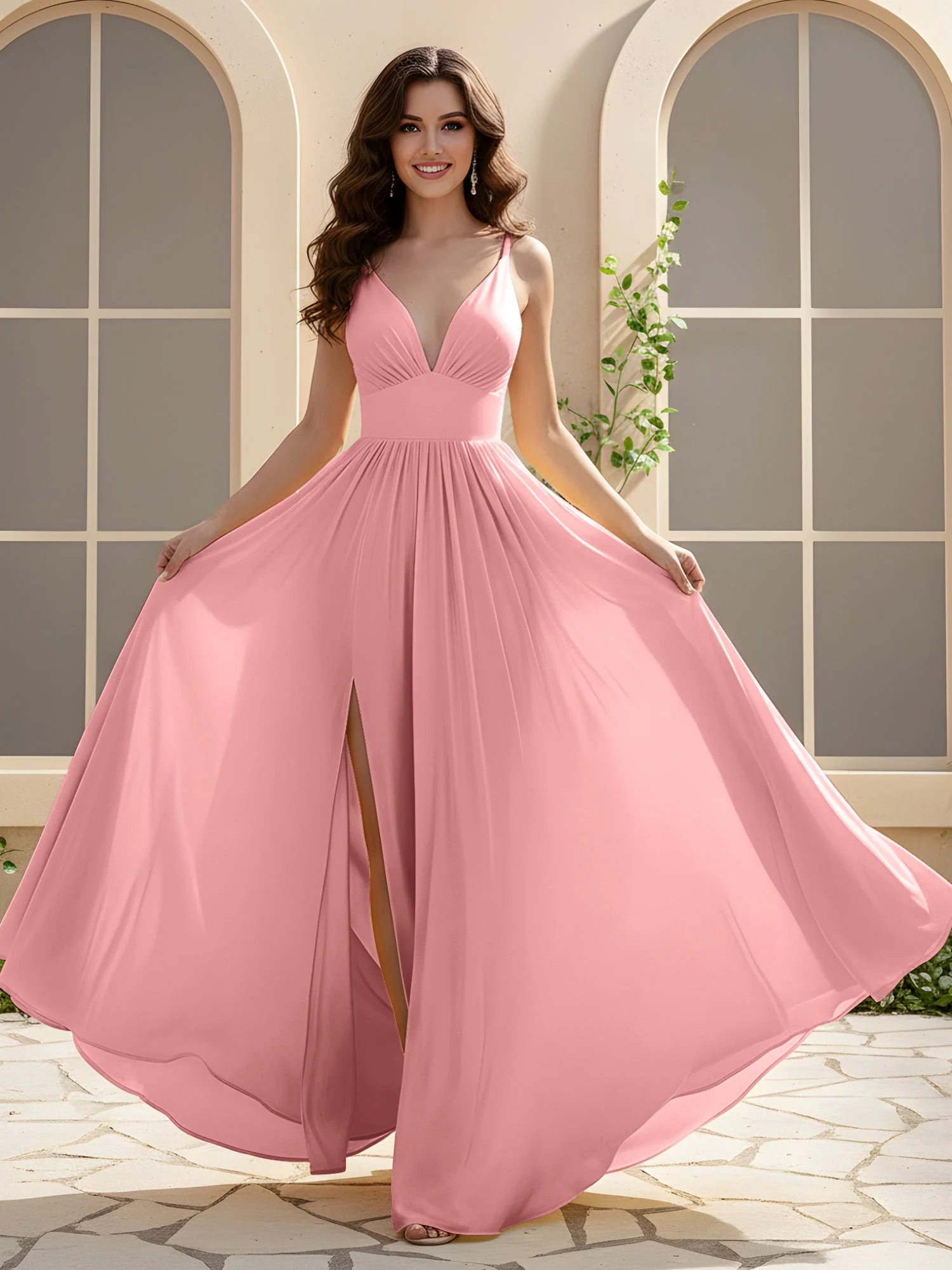 A-Linie Plissee V-Ausschnitt Lang Kleid mit Schlitz Flamingo