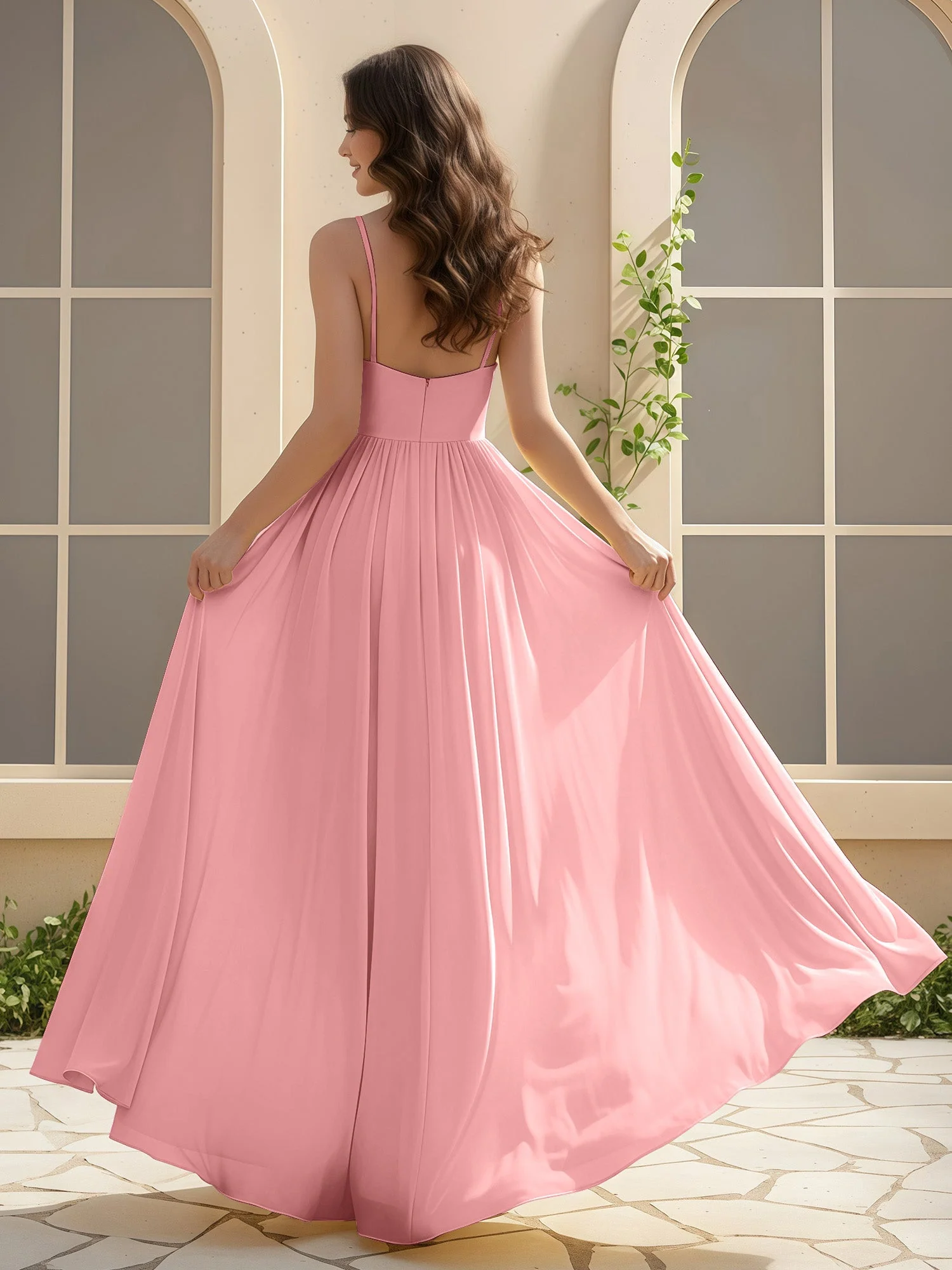 A-Linie Plissee V-Ausschnitt Lang Kleid mit Schlitz Flamingo - Image 2