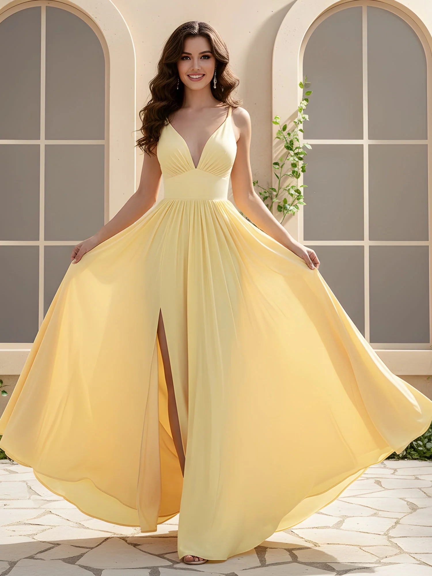A-Linie Plissee V-Ausschnitt Lang Kleid mit Schlitz Gelb