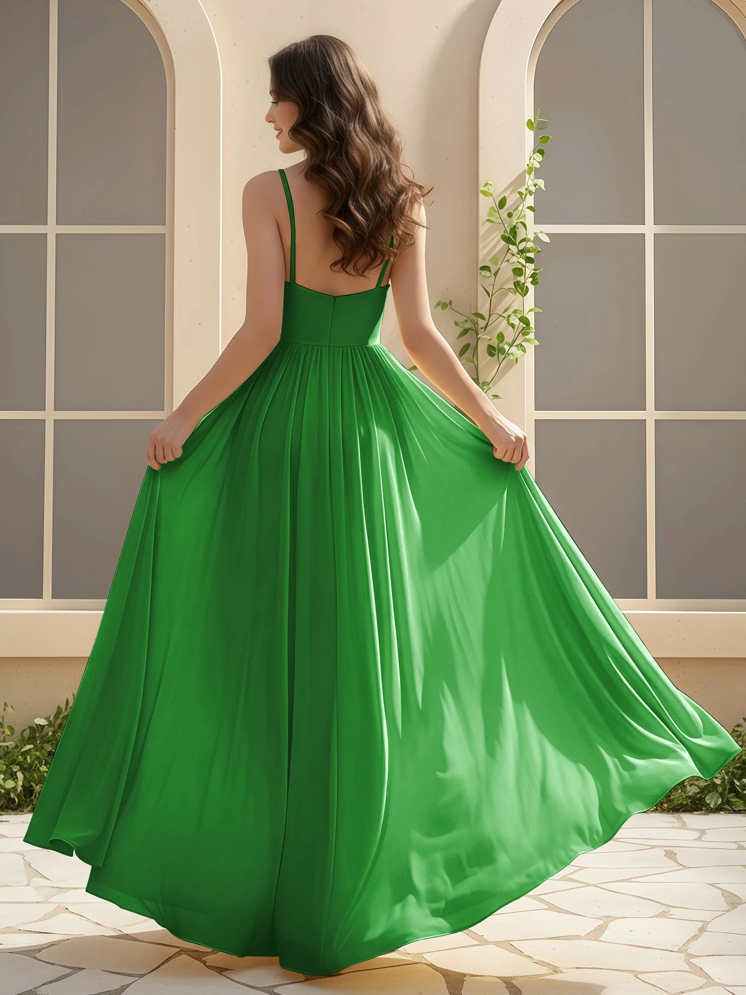 A-Linie Plissee V-Ausschnitt Lang Kleid mit Schlitz Grün - Image 2