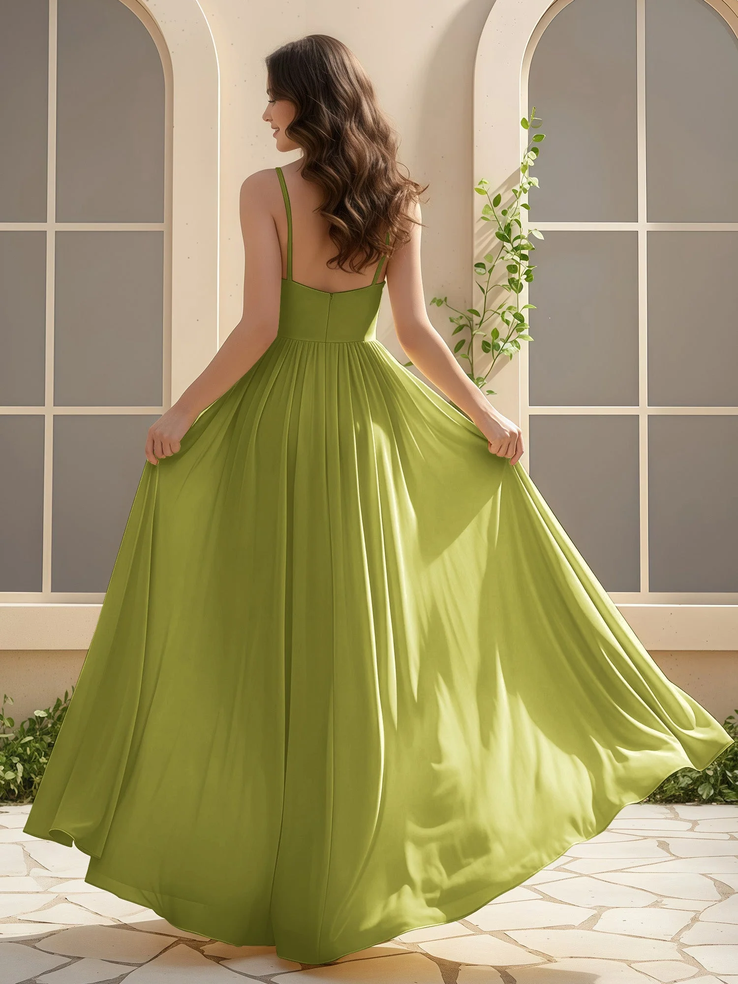 A-Linie Plissee V-Ausschnitt Lang Kleid mit Schlitz Kleegrün - Image 2