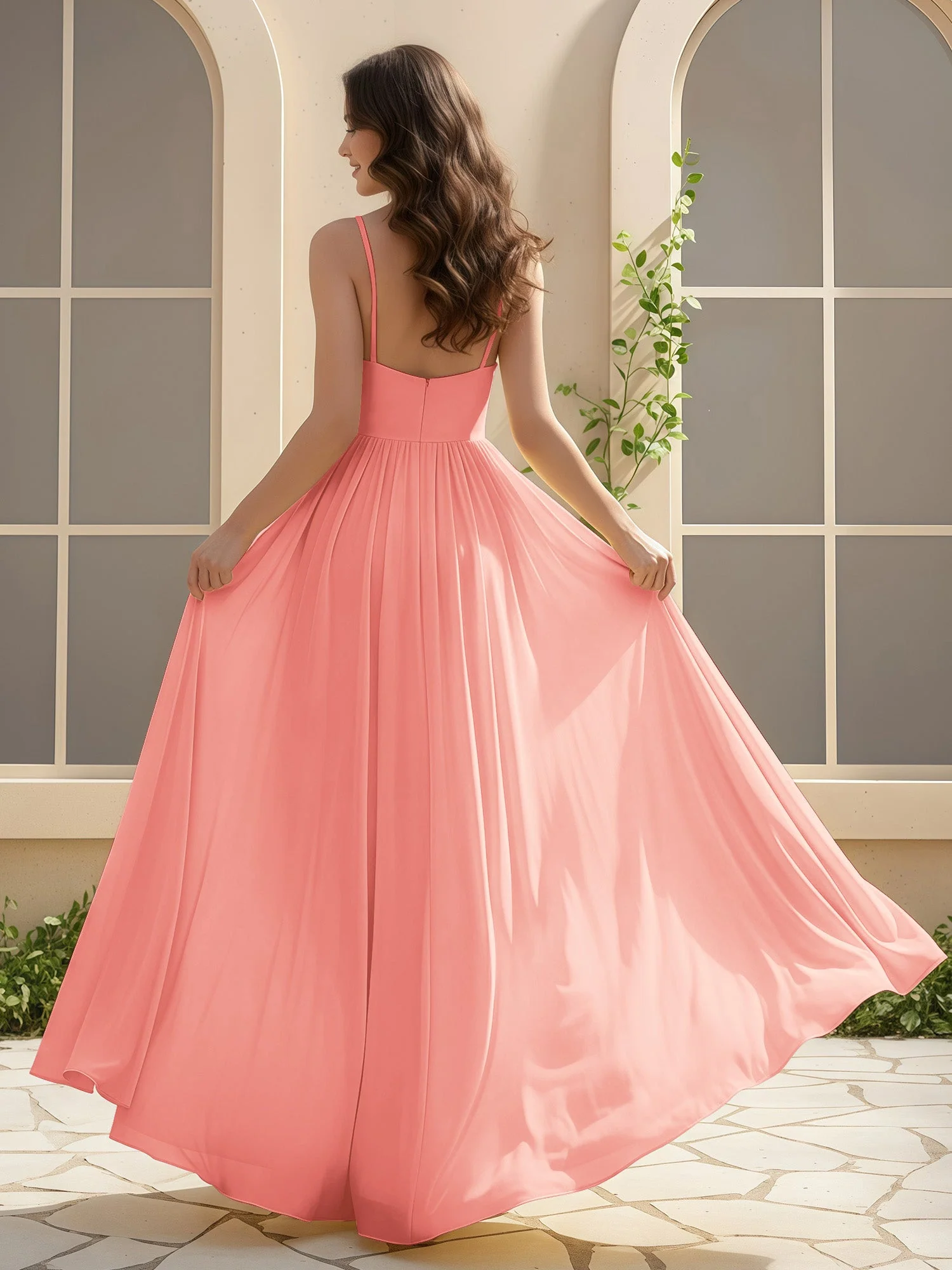 A-Linie Plissee V-Ausschnitt Lang Kleid mit Schlitz Koralle - Image 2