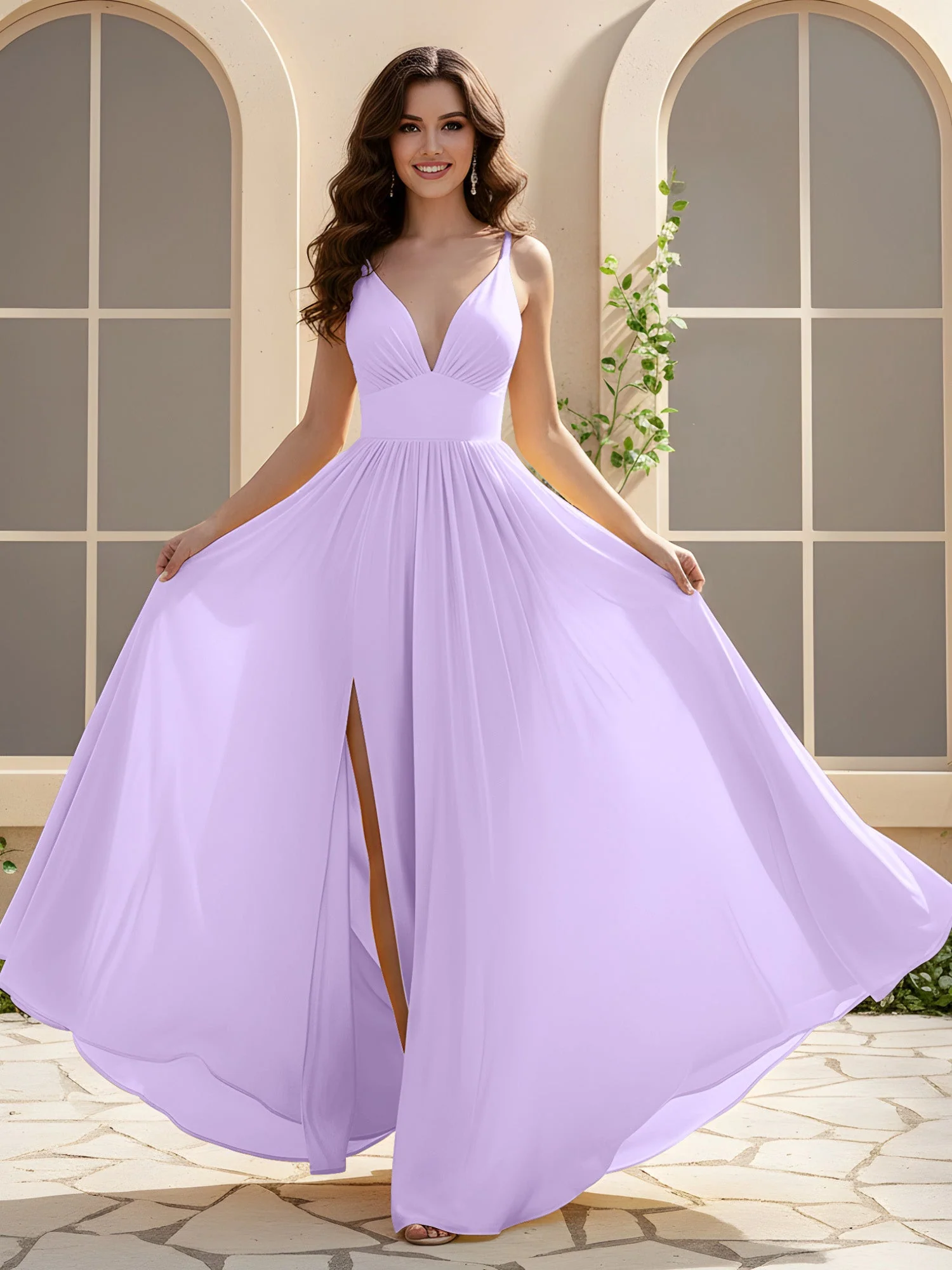 A-Linie Plissee V-Ausschnitt Lang Kleid mit Schlitz Lila