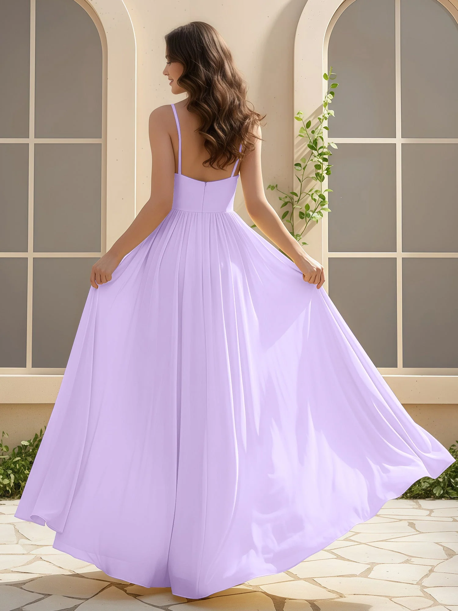 A-Linie Plissee V-Ausschnitt Lang Kleid mit Schlitz Lila - Image 2