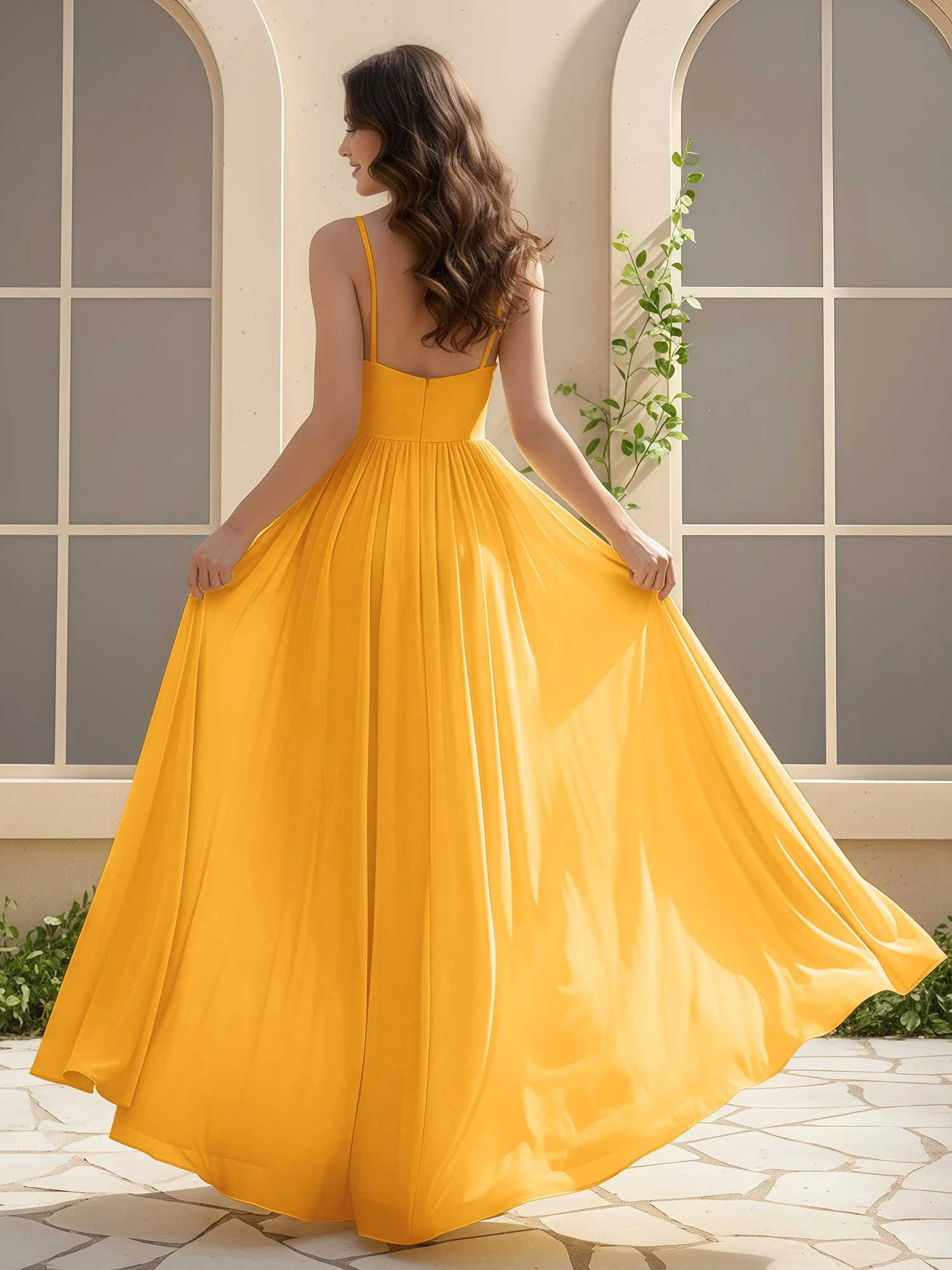 A-Linie Plissee V-Ausschnitt Lang Kleid mit Schlitz Mandarine - Image 2