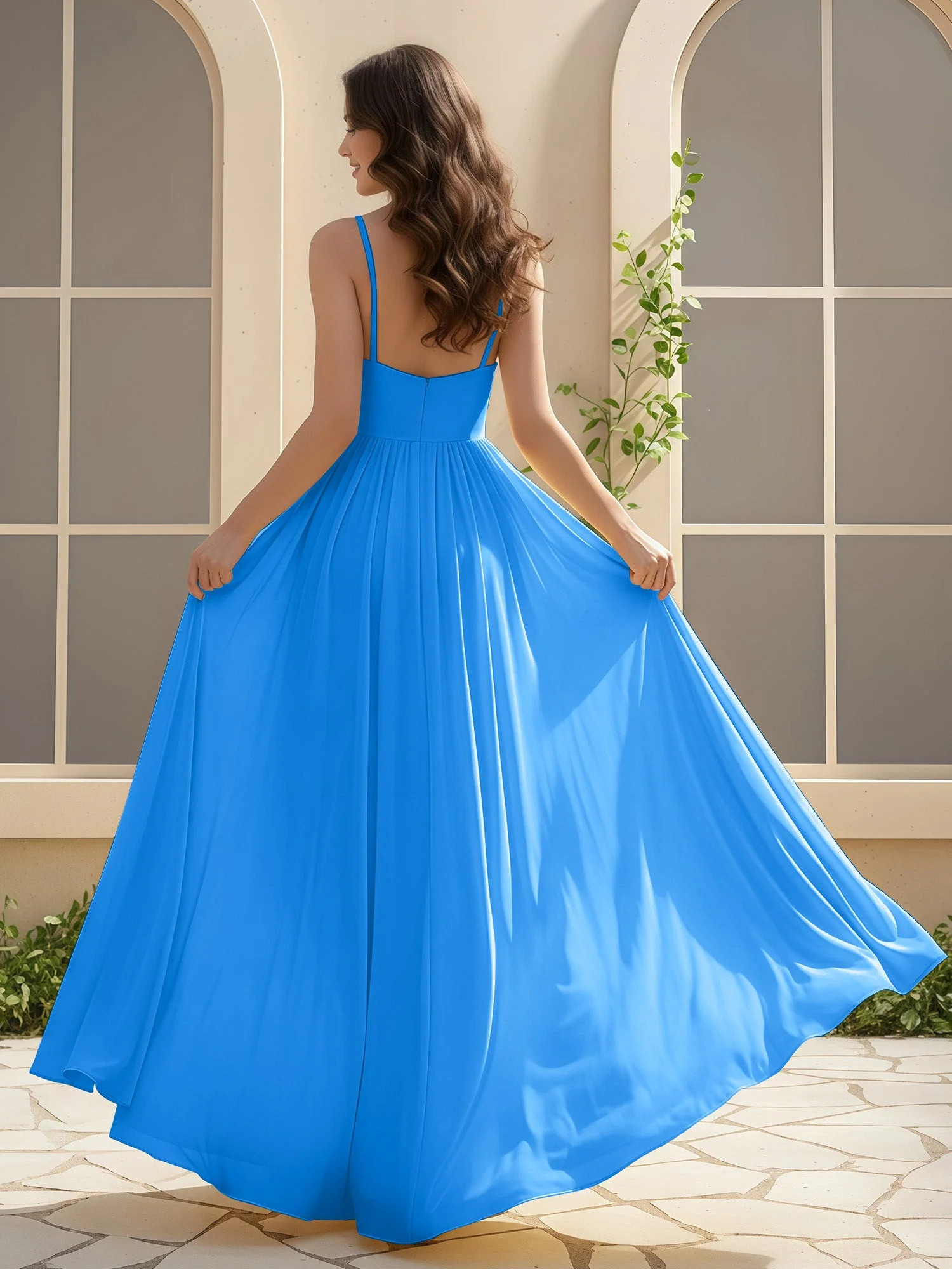 A-Linie Plissee V-Ausschnitt Lang Kleid mit Schlitz Meerblau - Image 2