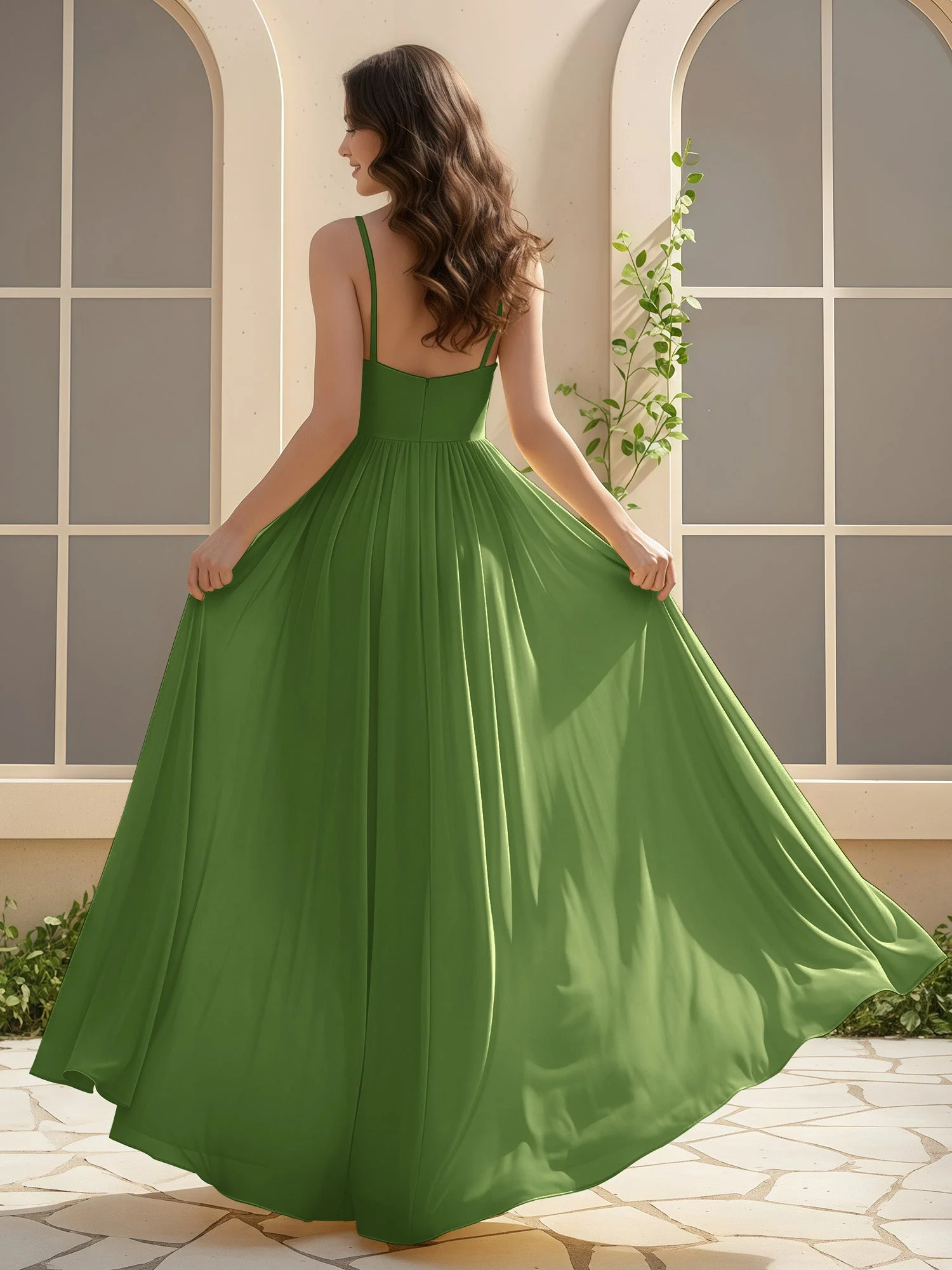 A-Linie Plissee V-Ausschnitt Lang Kleid mit Schlitz Moos - Image 2