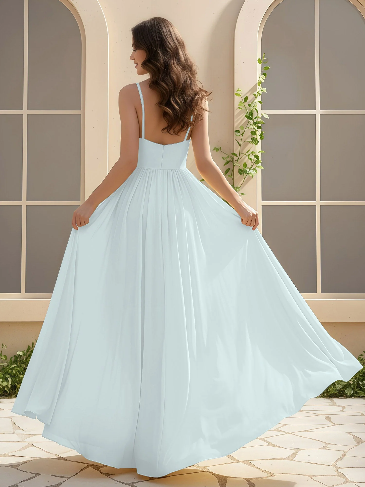 A-Linie Plissee V-Ausschnitt Lang Kleid mit Schlitz Nebel - Image 2