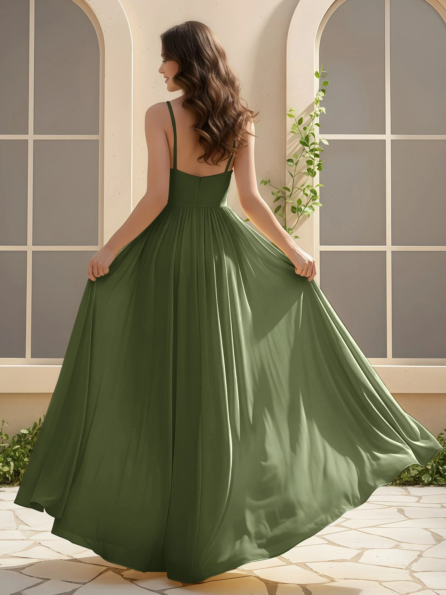 A-Linie Plissee V-Ausschnitt Lang Kleid mit Schlitz Olivgrün - Image 2