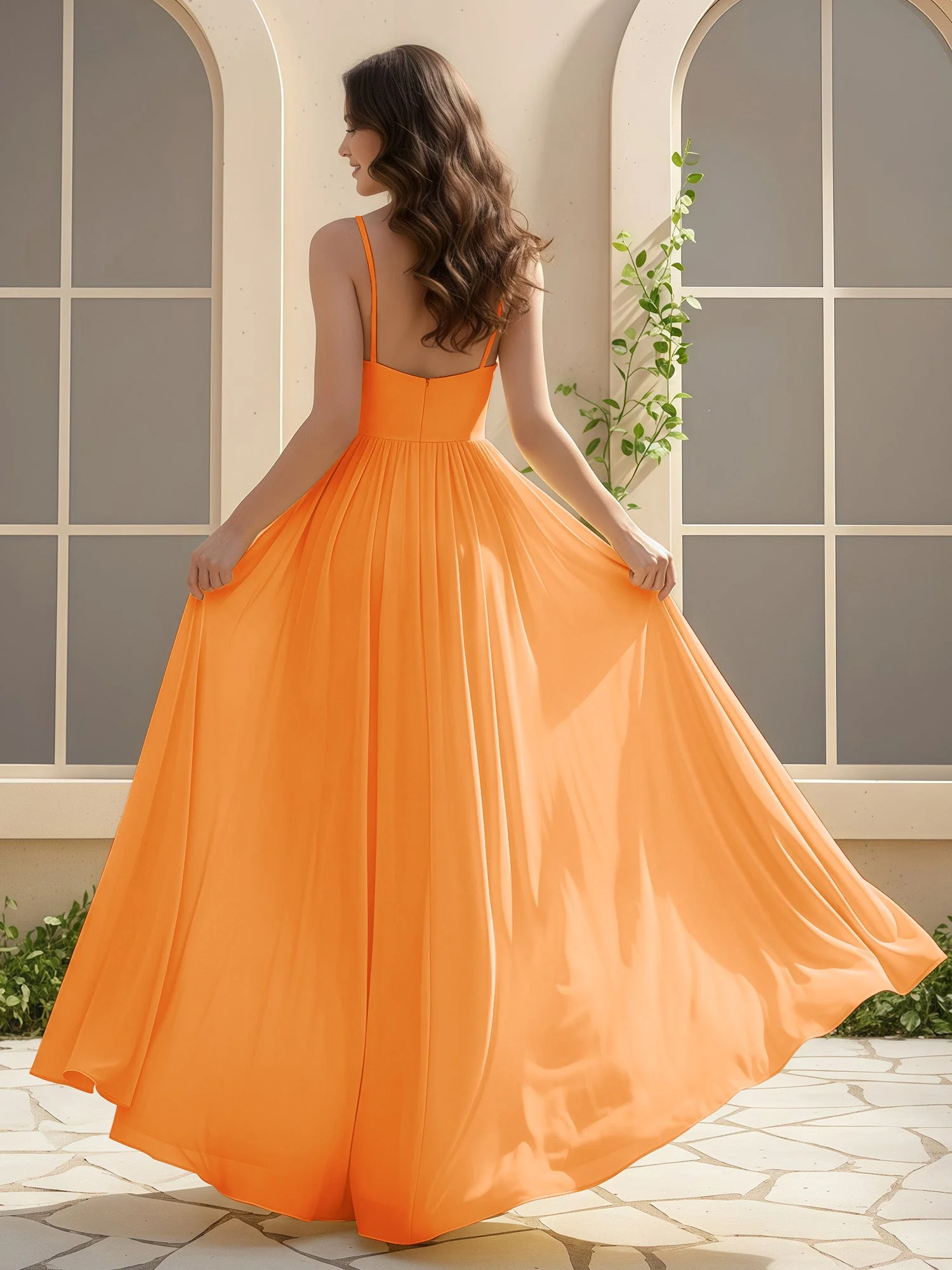 A-Linie Plissee V-Ausschnitt Lang Kleid mit Schlitz Orange - Image 2