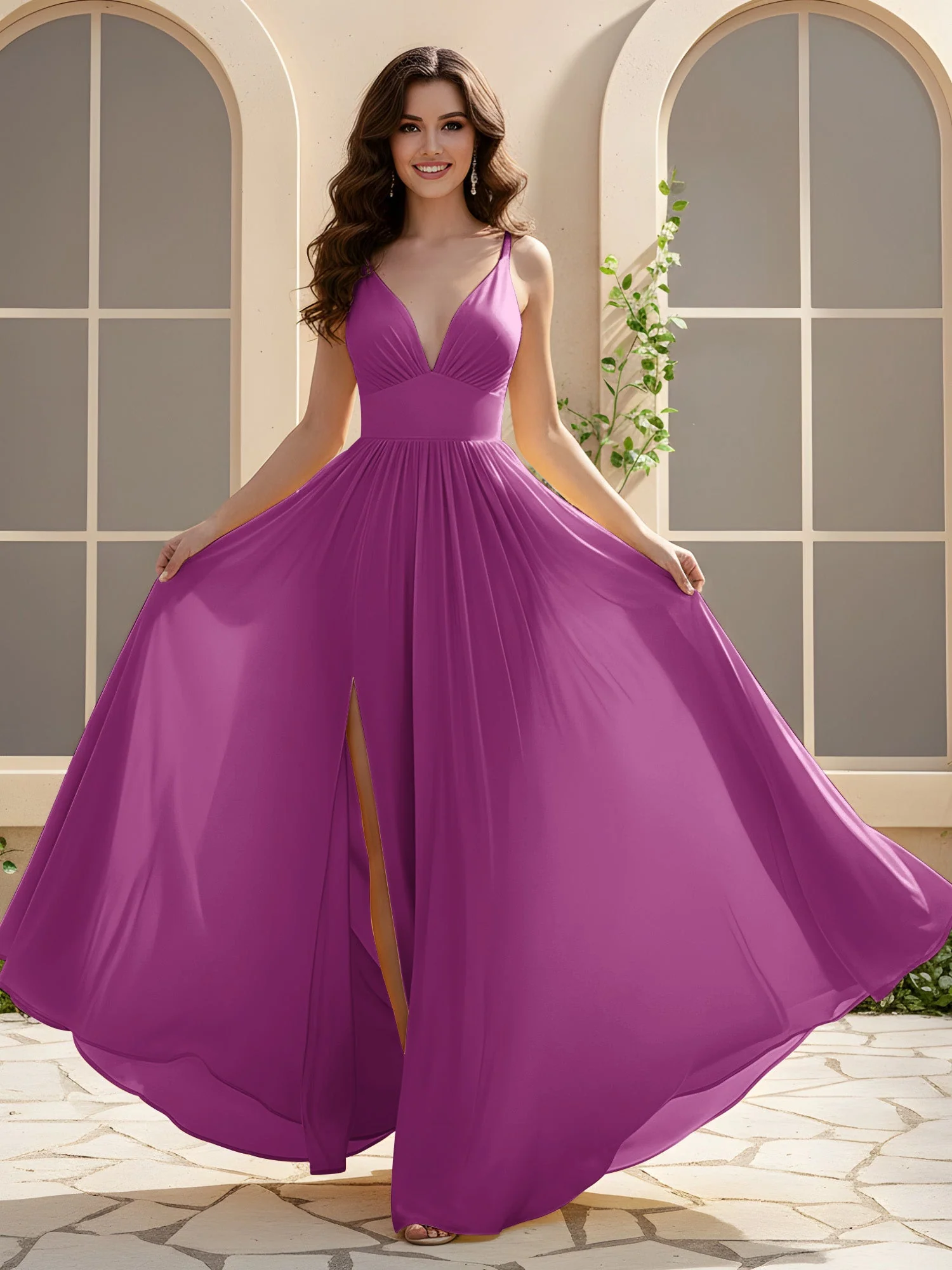 A-Linie Plissee V-Ausschnitt Lang Kleid mit Schlitz Orchidee