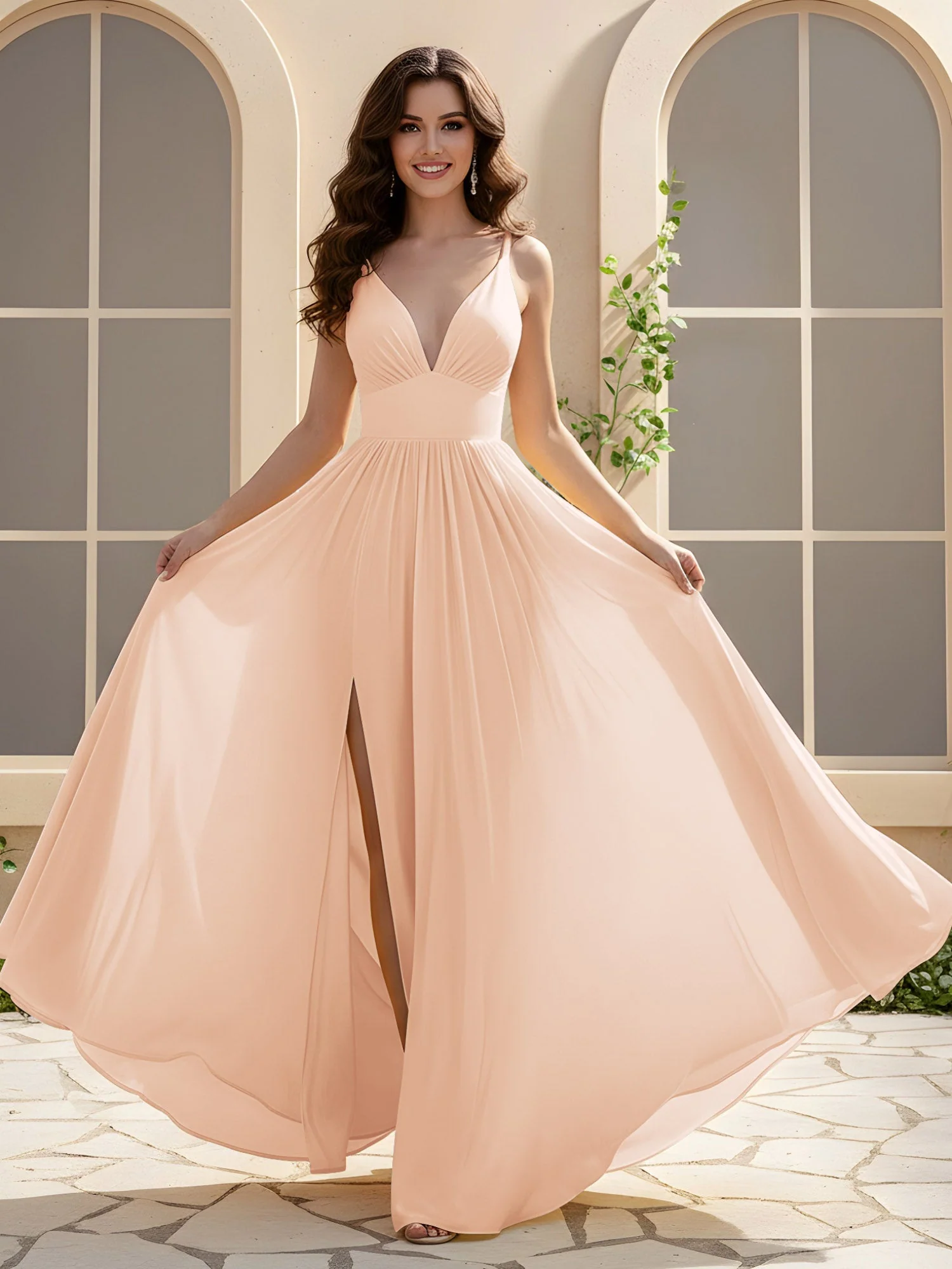 A-Linie Plissee V-Ausschnitt Lang Kleid mit Schlitz Perlrosa