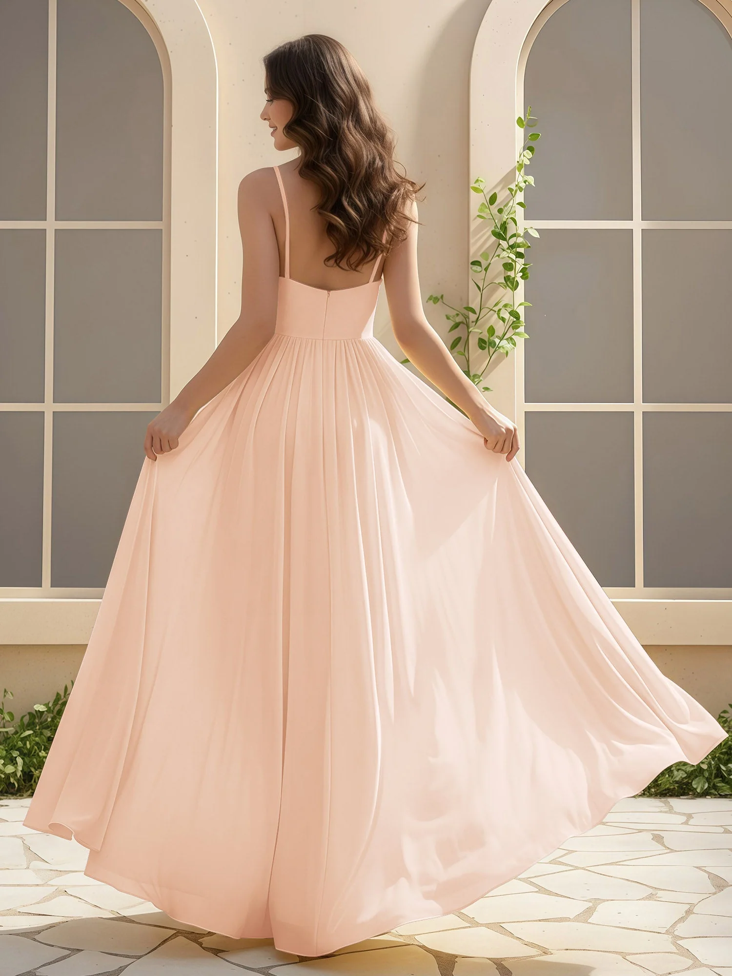 A-Linie Plissee V-Ausschnitt Lang Kleid mit Schlitz Perlrosa - Image 2