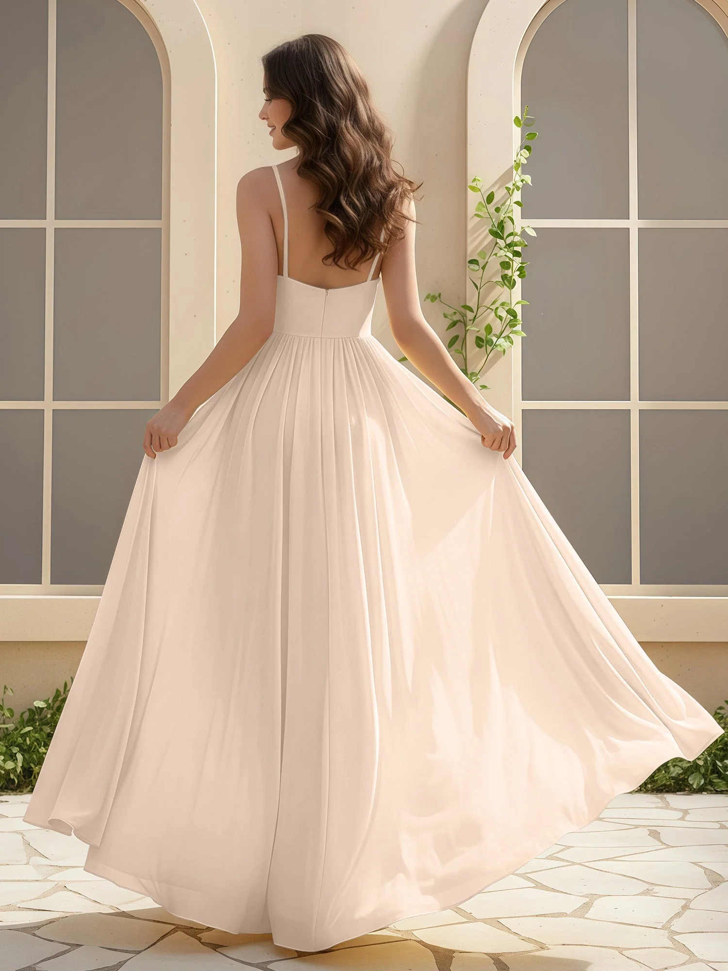 A-Linie Plissee V-Ausschnitt Lang Kleid mit Schlitz Pfirsich - Image 2