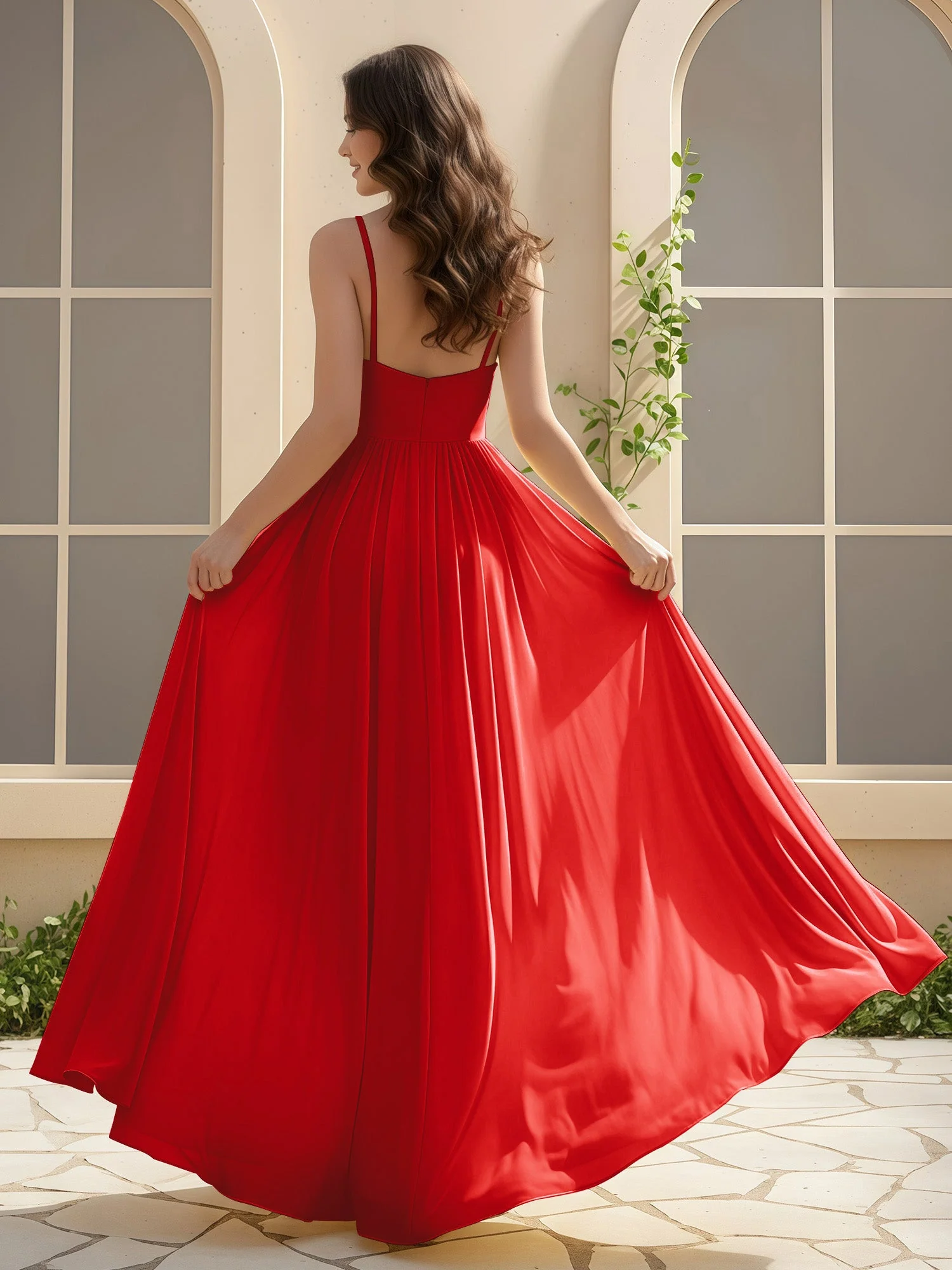 A-Linie Plissee V-Ausschnitt Lang Kleid mit Schlitz Rot - Image 2