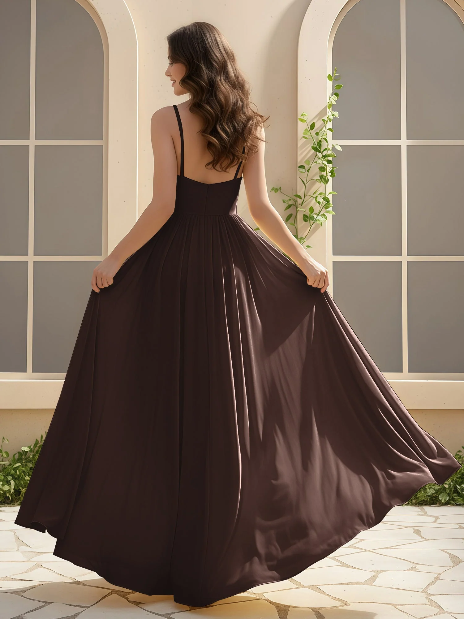 A-Linie Plissee V-Ausschnitt Lang Kleid mit Schlitz Schokolade - Image 2