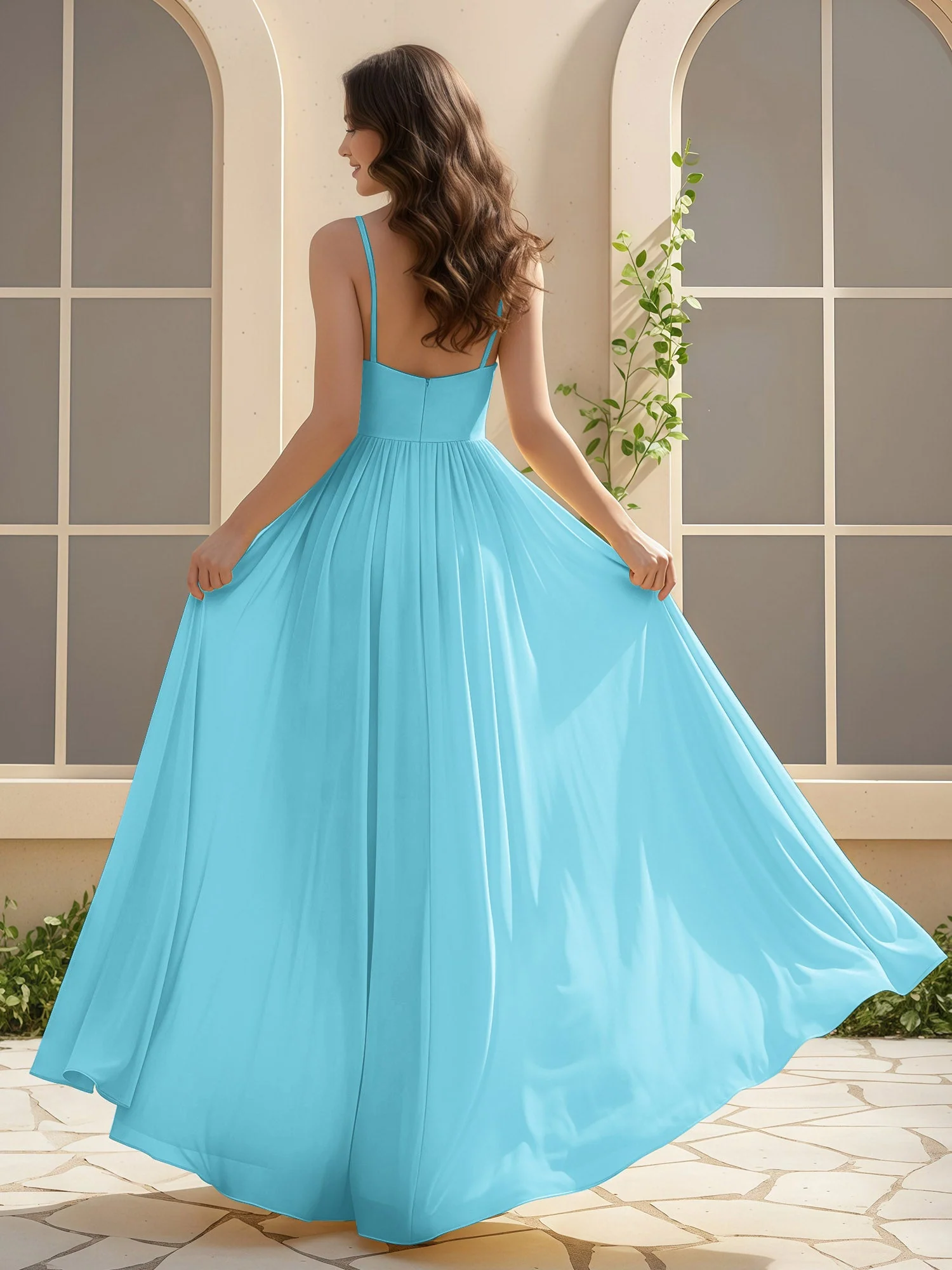 A-Linie Plissee V-Ausschnitt Lang Kleid mit Schlitz Schwimmbadblau - Image 2