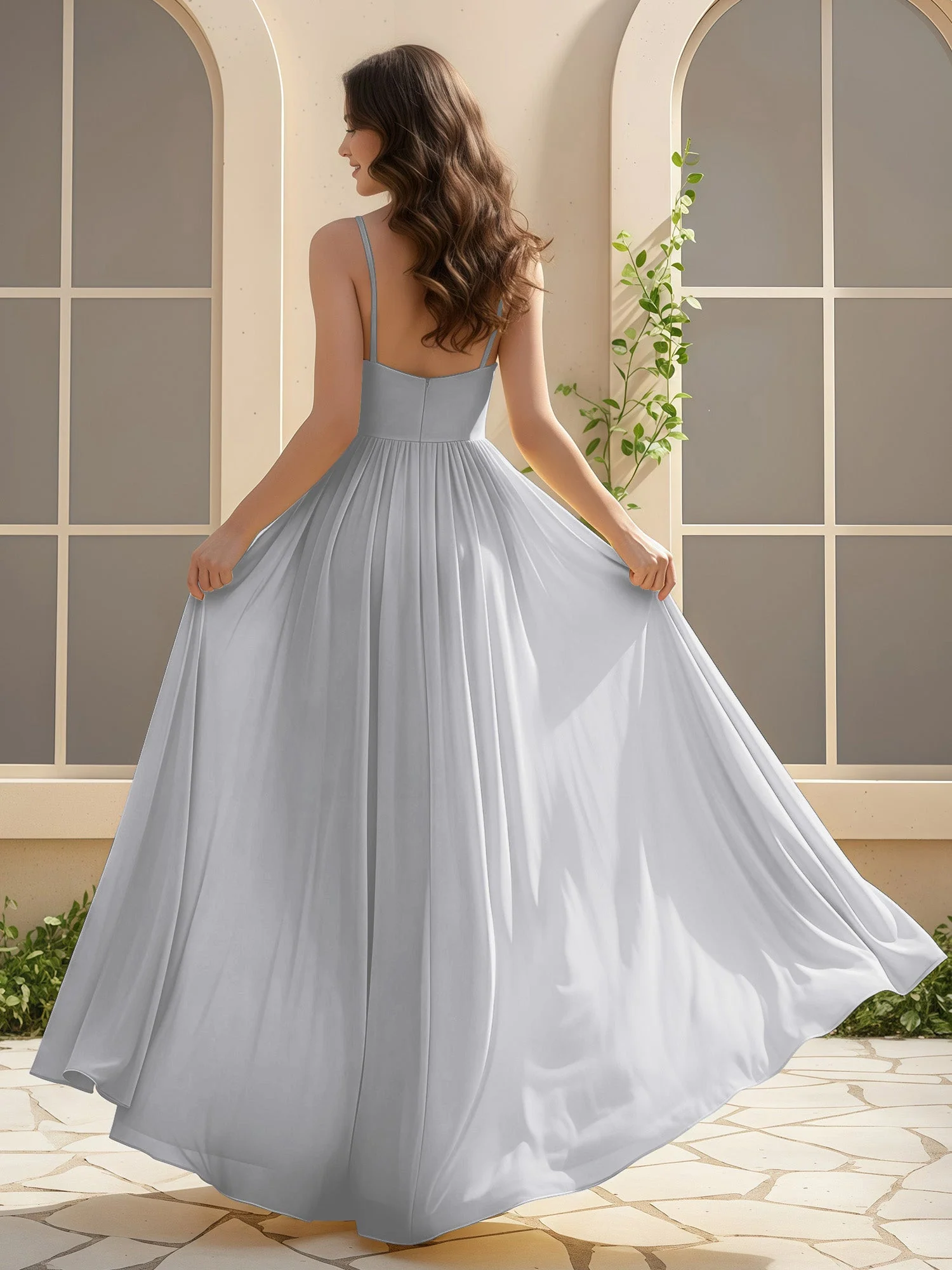 A-Linie Plissee V-Ausschnitt Lang Kleid mit Schlitz Silber - Image 2