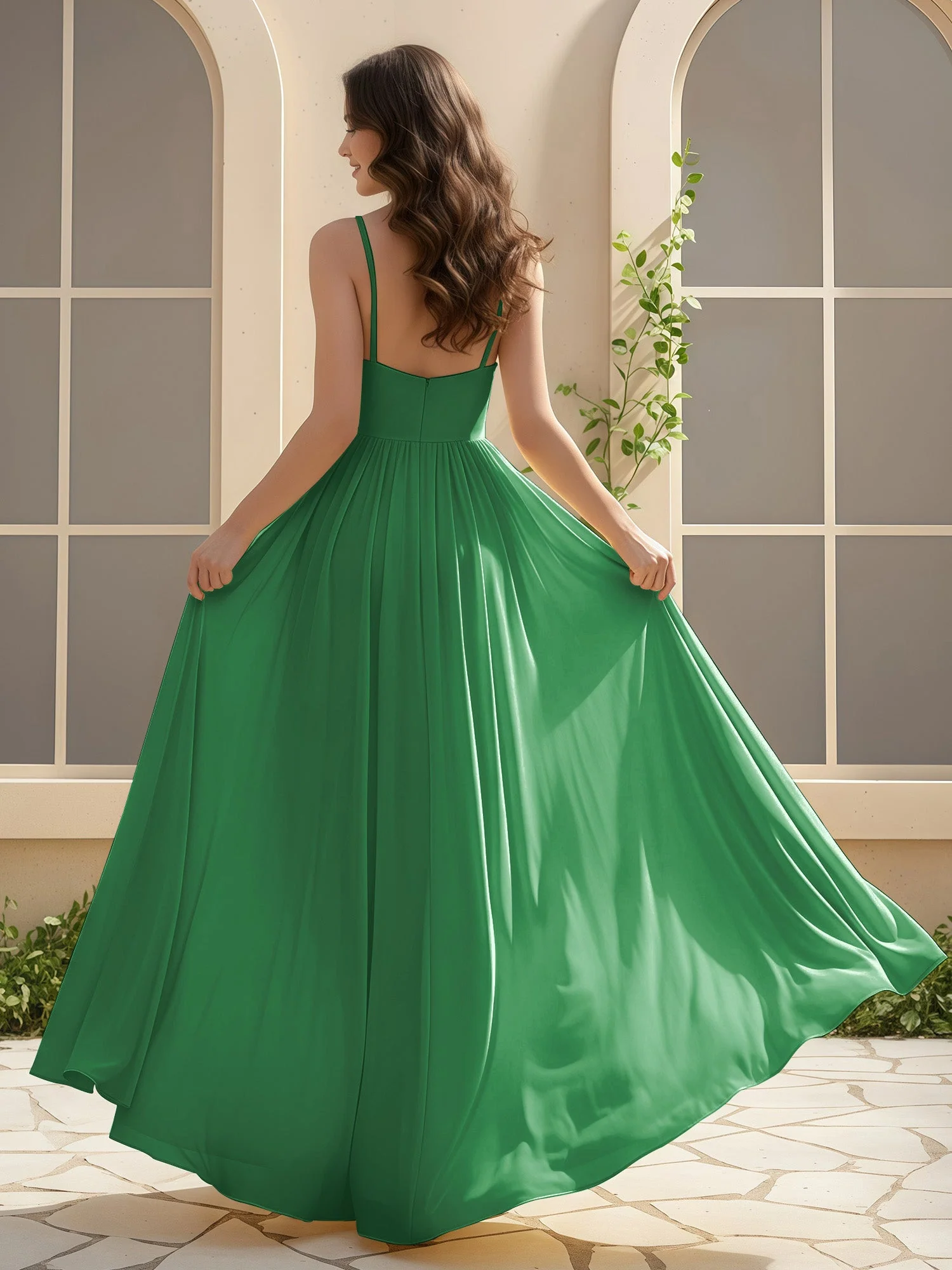 A-Linie Plissee V-Ausschnitt Lang Kleid mit Schlitz Smaragd - Image 2