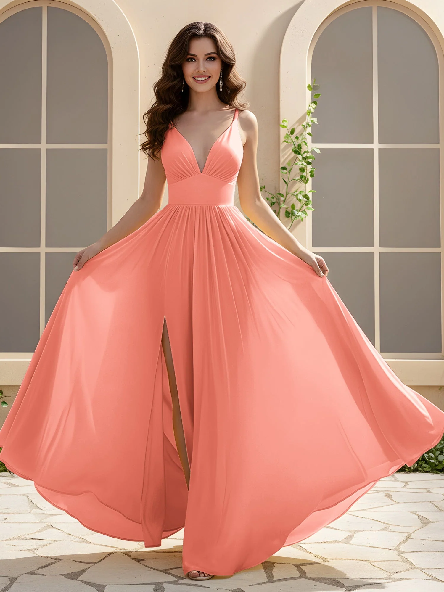 A-Linie Plissee V-Ausschnitt Lang Kleid mit Schlitz Sonnenuntergang