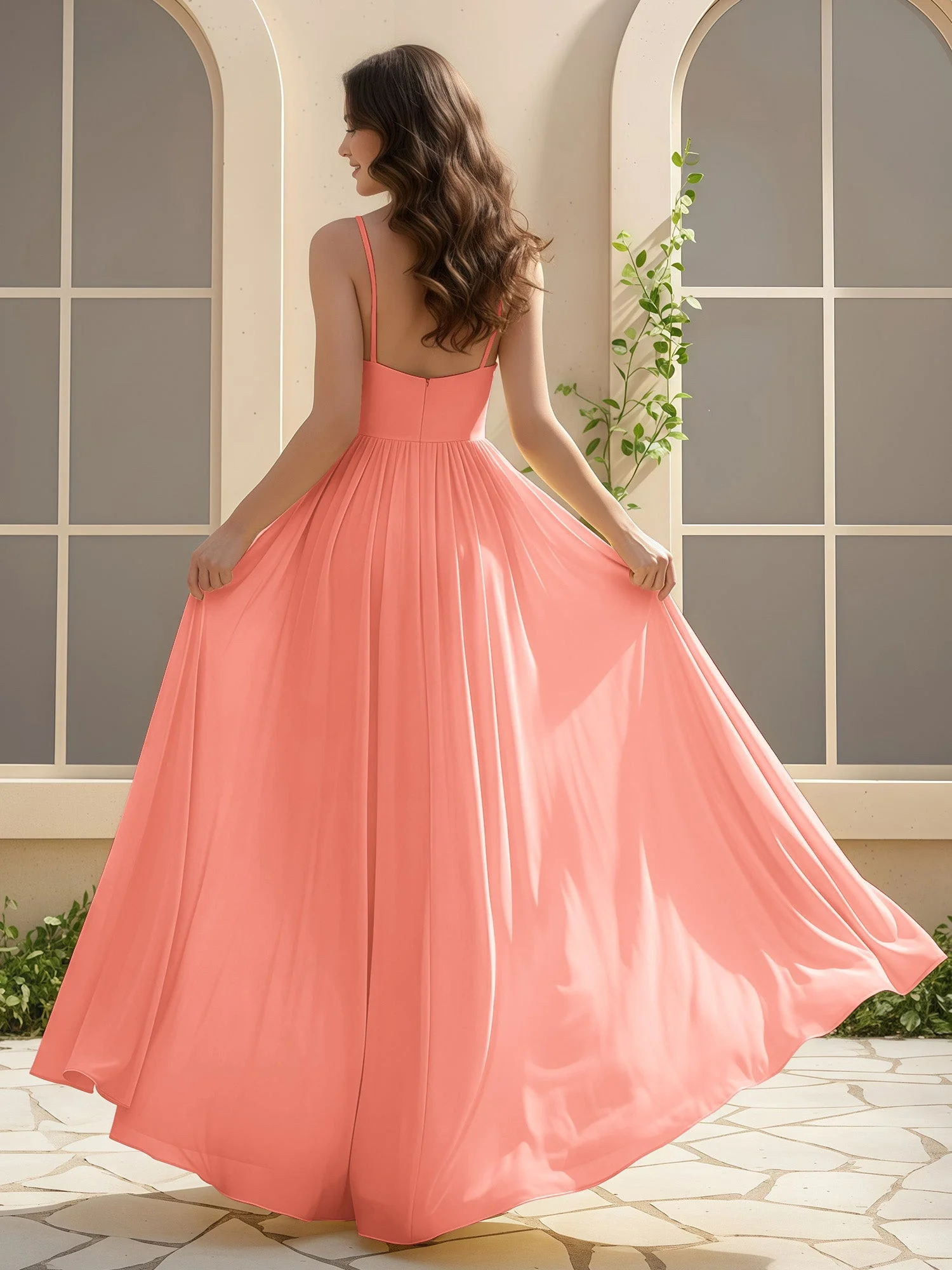 A-Linie Plissee V-Ausschnitt Lang Kleid mit Schlitz Sonnenuntergang - Image 2