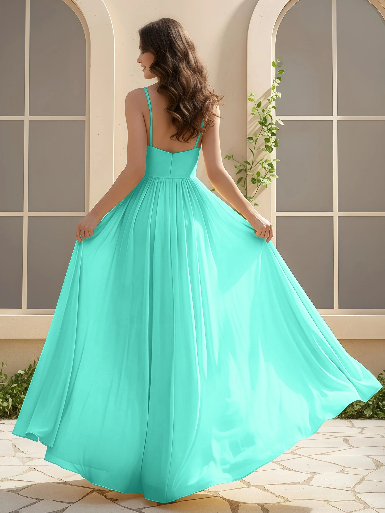 A-Linie Plissee V-Ausschnitt Lang Kleid mit Schlitz Spa - Image 2