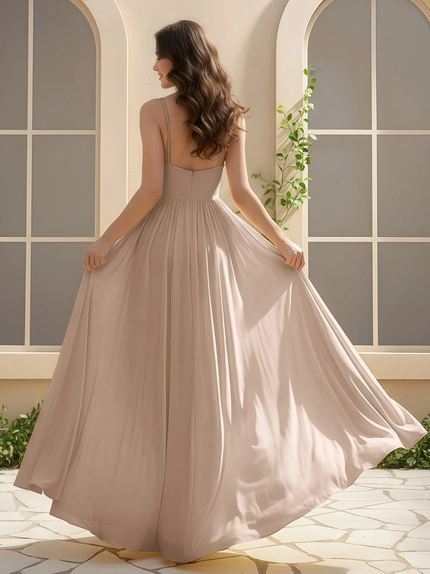 A-Linie Plissee V-Ausschnitt Lang Kleid mit Schlitz Taupe - Image 2