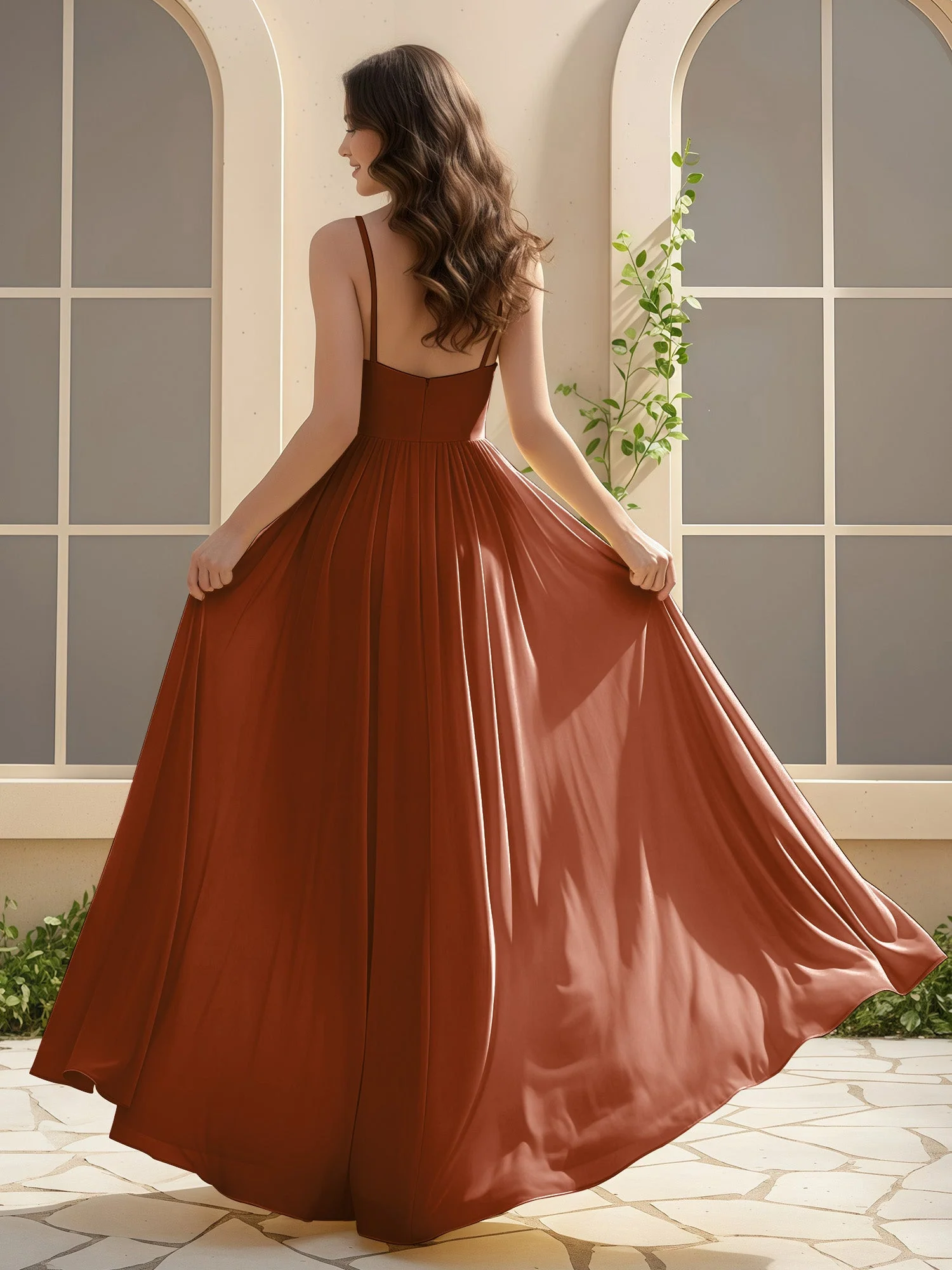 A-Linie Plissee V-Ausschnitt Lang Kleid mit Schlitz Terrakotta - Image 2
