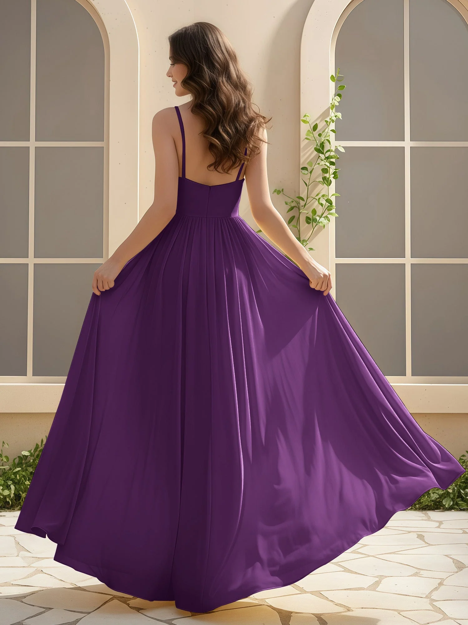 A-Linie Plissee V-Ausschnitt Lang Kleid mit Schlitz Traube - Image 2