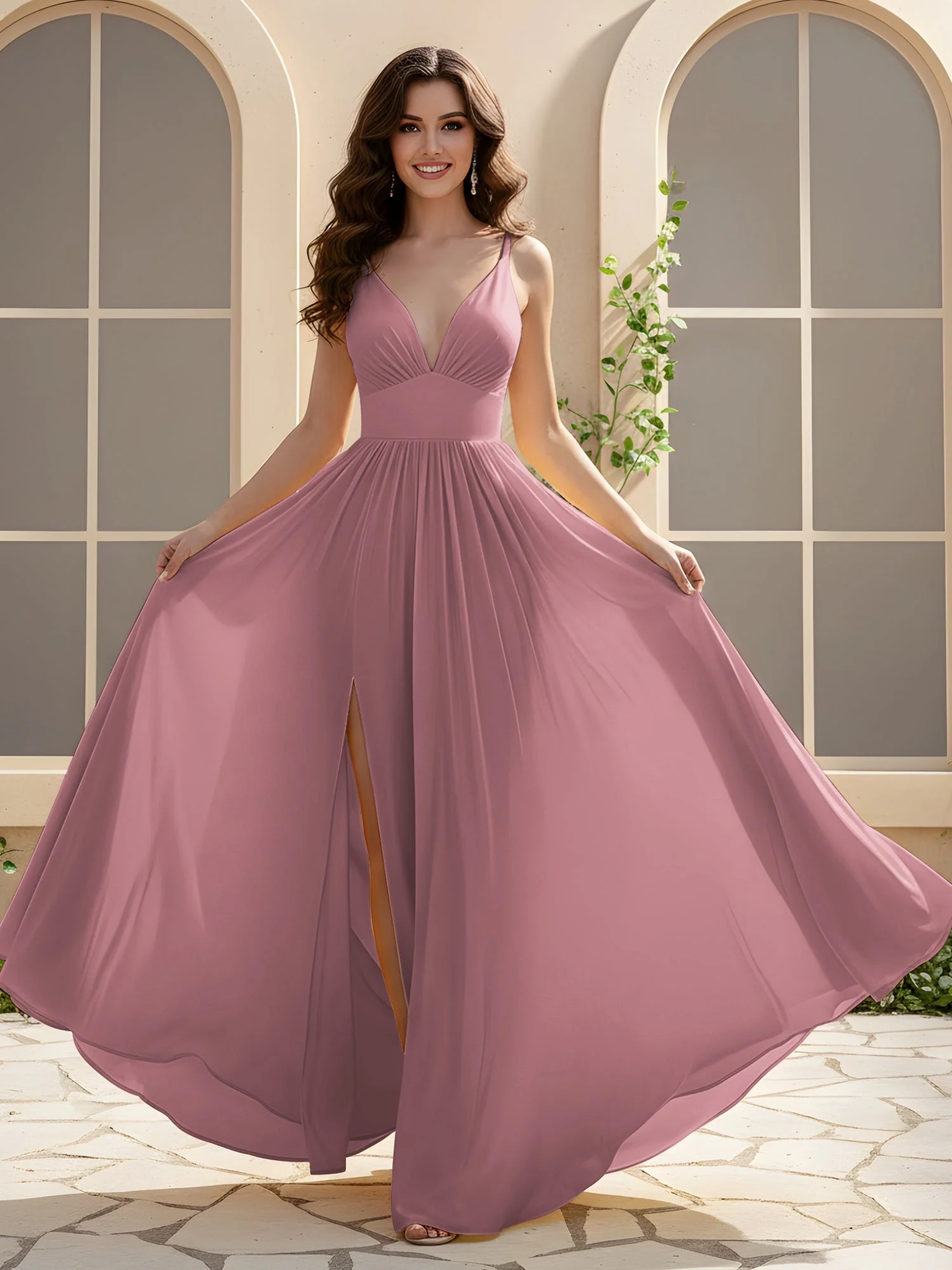 A-Linie Plissee V-Ausschnitt Lang Kleid mit Schlitz Vintage Mauve