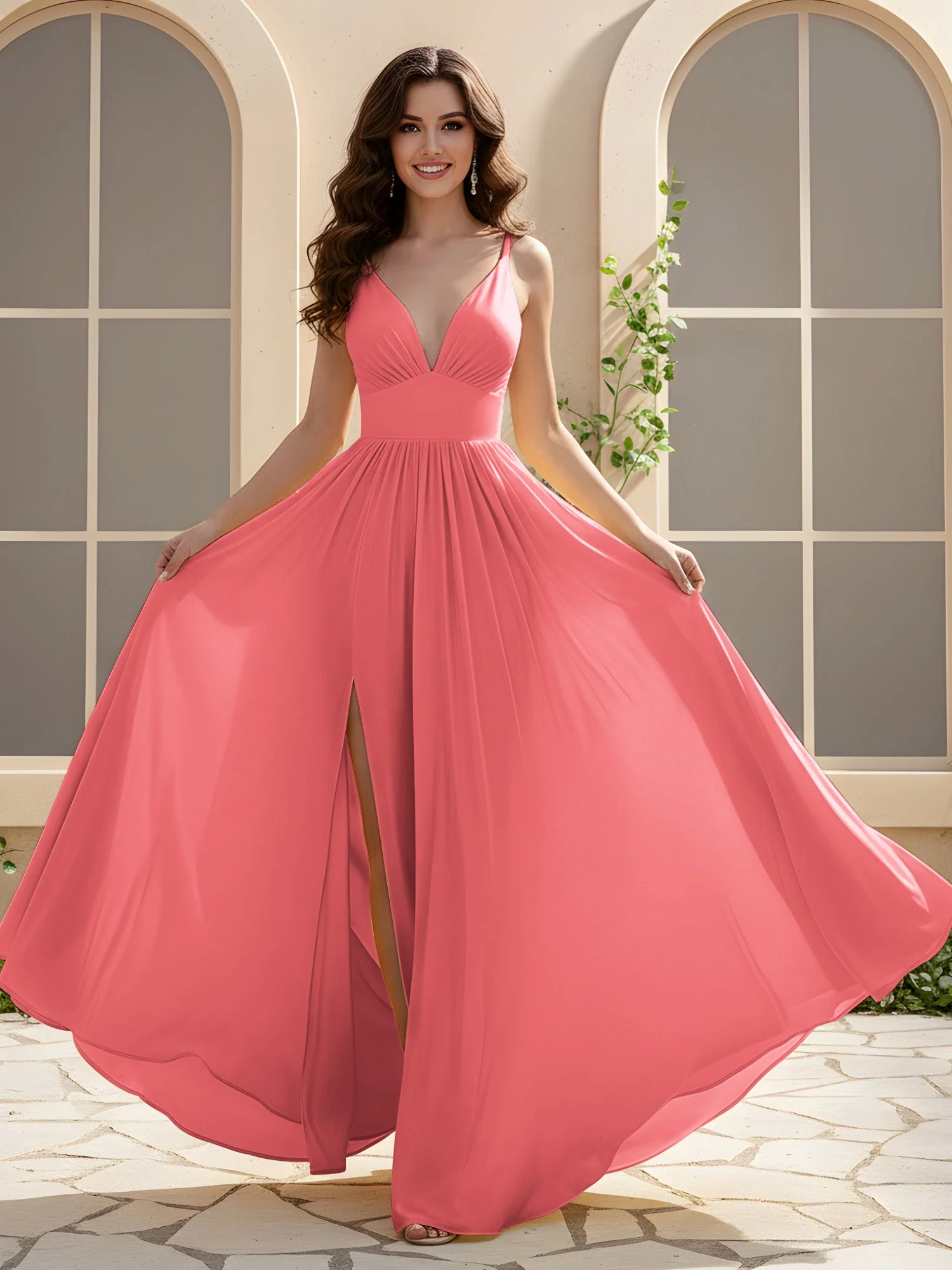 A-Linie Plissee V-Ausschnitt Lang Kleid mit Schlitz Wassermelone