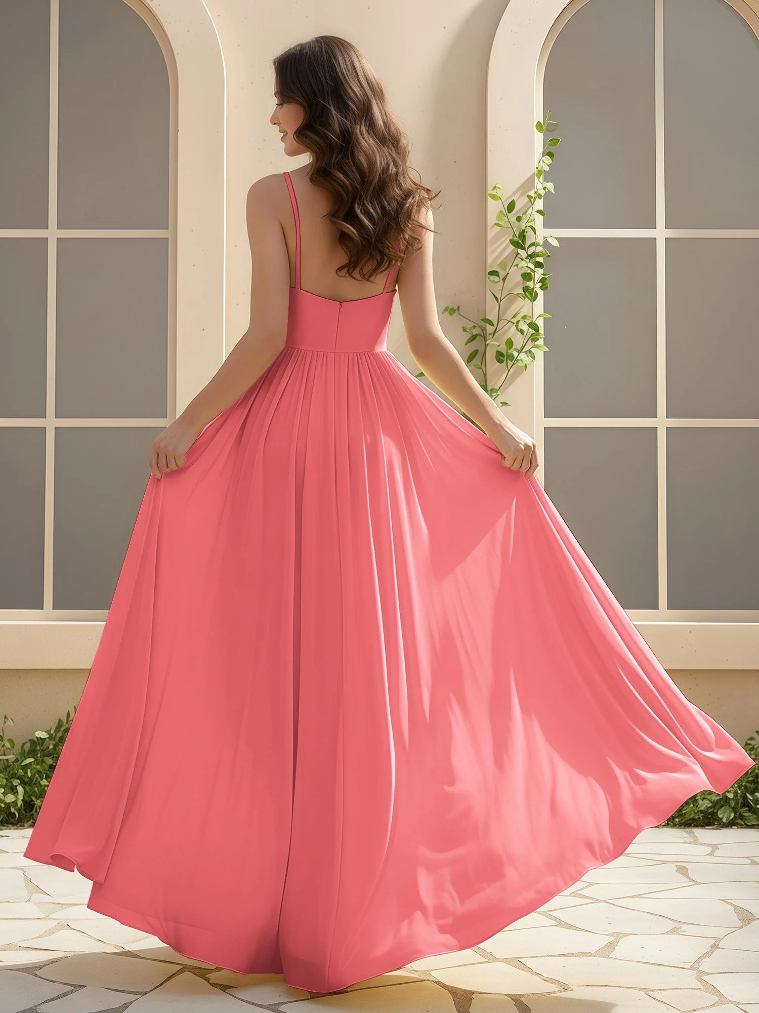 A-Linie Plissee V-Ausschnitt Lang Kleid mit Schlitz Wassermelone - Image 2