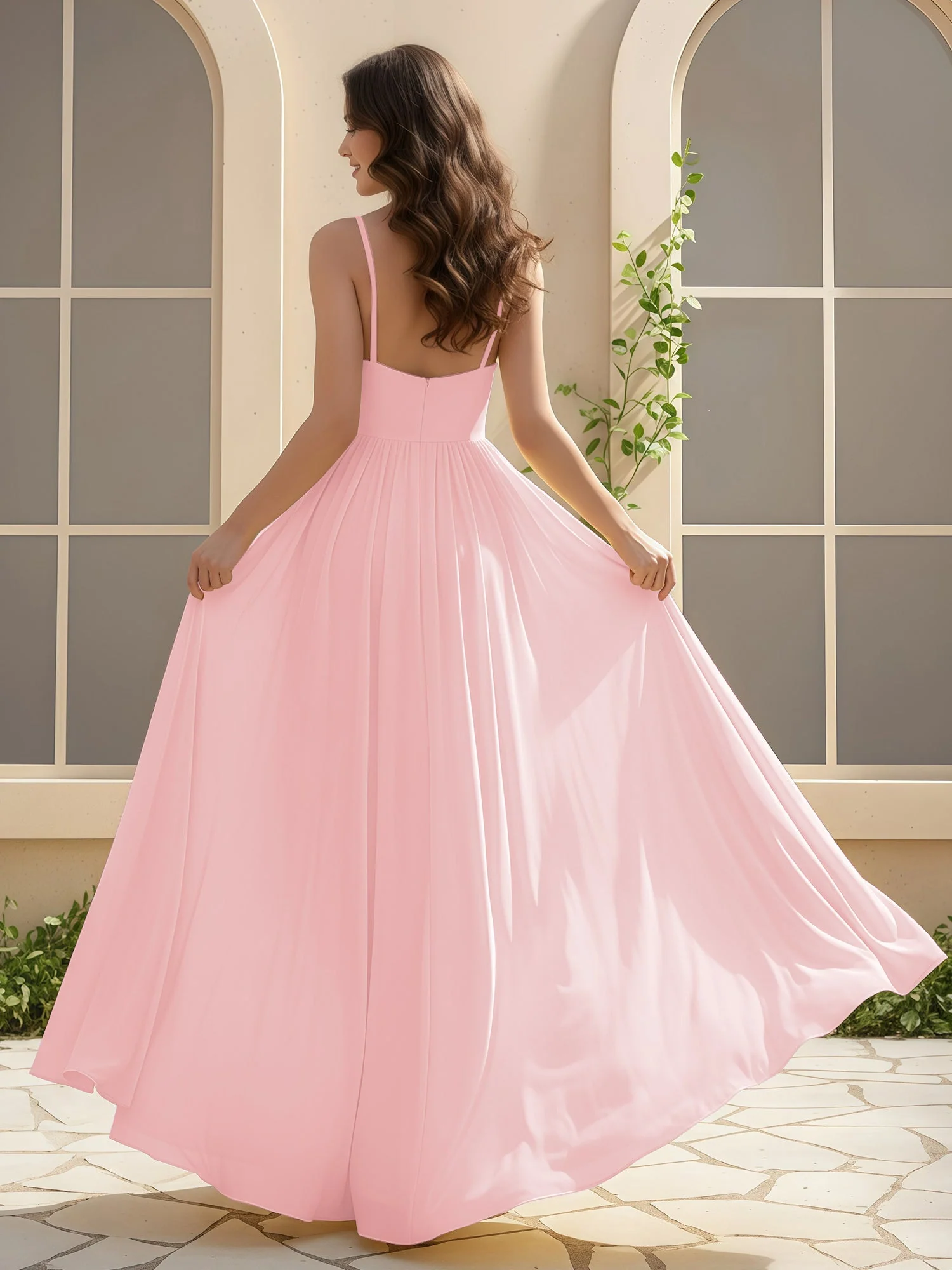 A-Linie Plissee V-Ausschnitt Lang Kleid mit Schlitz Zartrosa - Image 2
