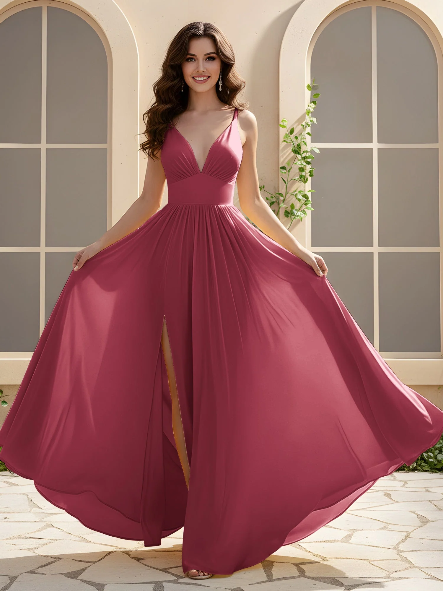 A-Linie Plissee V-Ausschnitt Lang Kleid mit Schlitz Zimtrose