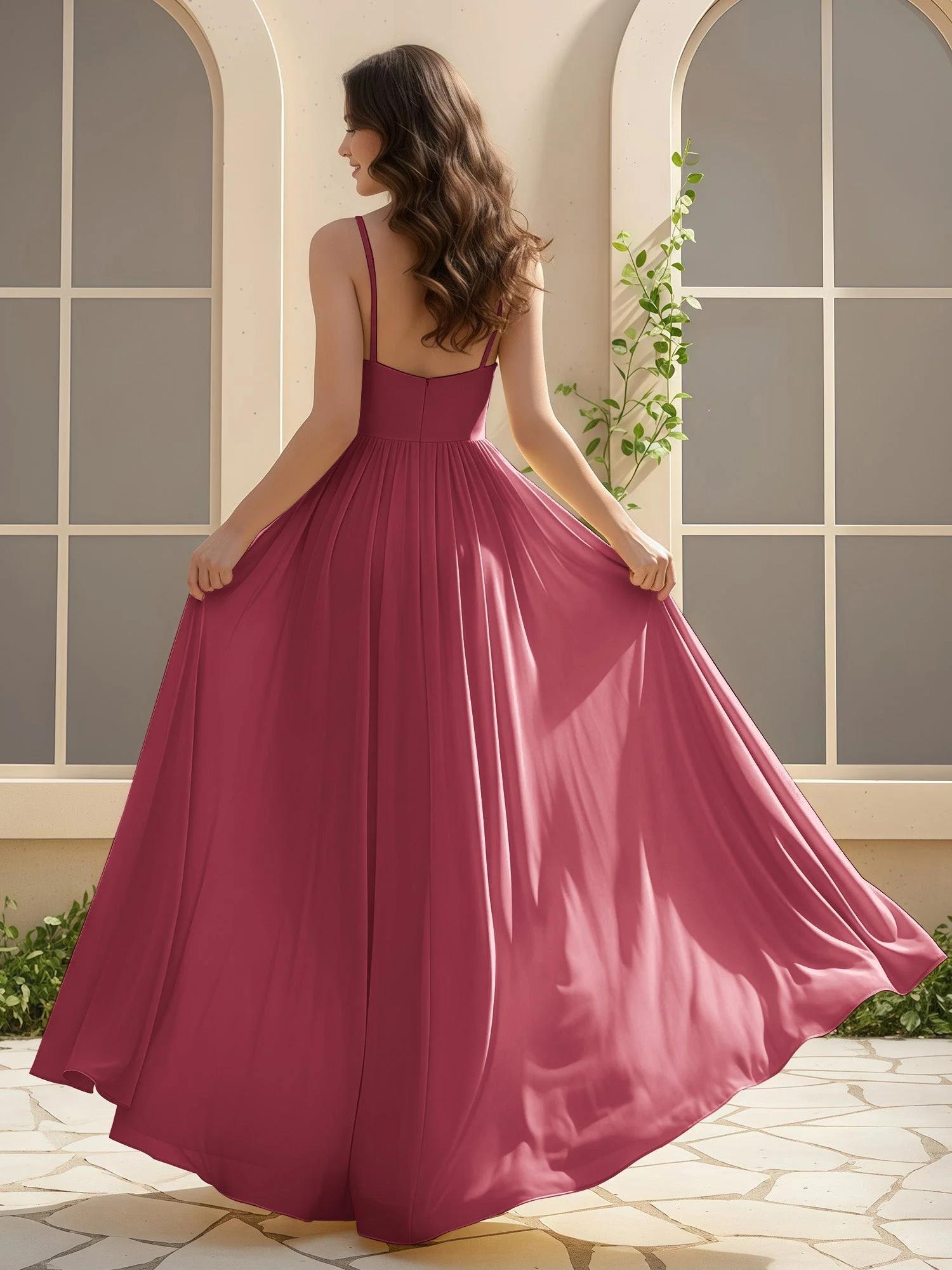 A-Linie Plissee V-Ausschnitt Lang Kleid mit Schlitz Zimtrose - Image 2