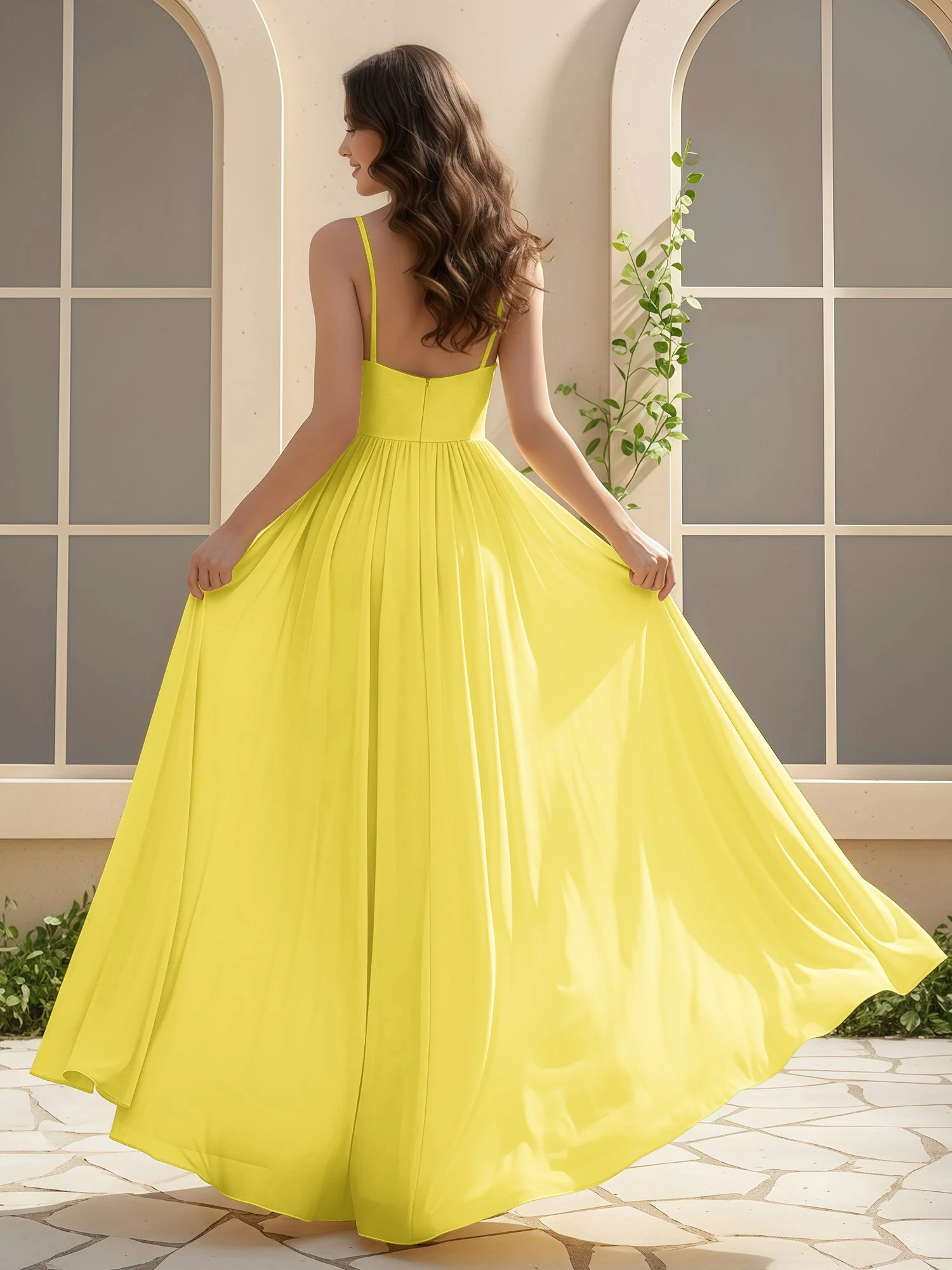 A-Linie Plissee V-Ausschnitt Lang Kleid mit Schlitz Zitrone - Image 2
